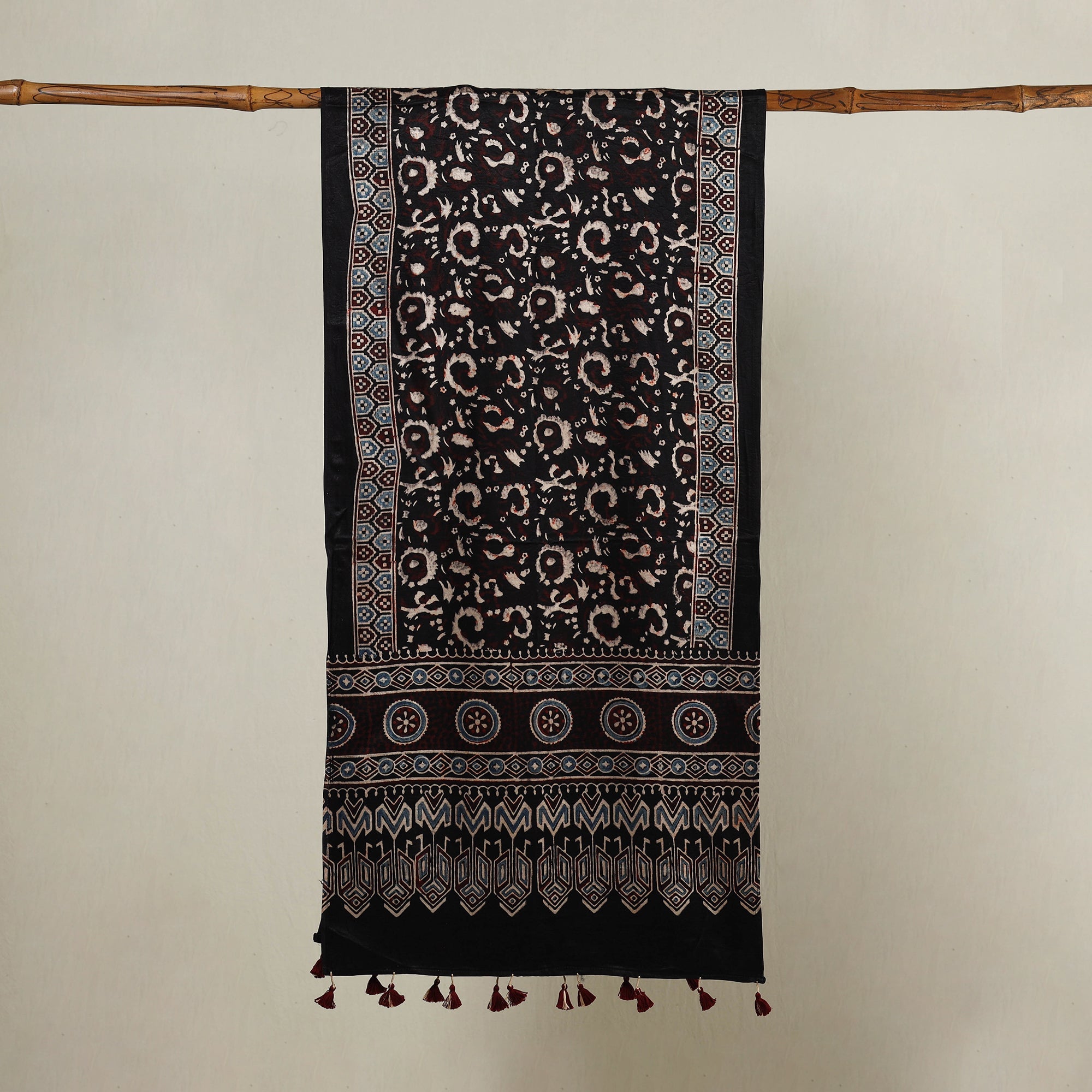 RIYAZ ABDULMAJID KHATRI - AJRAKH Black - Ajrakh Hand Block Printed Mashru Silk Stole with Tassels - view 2