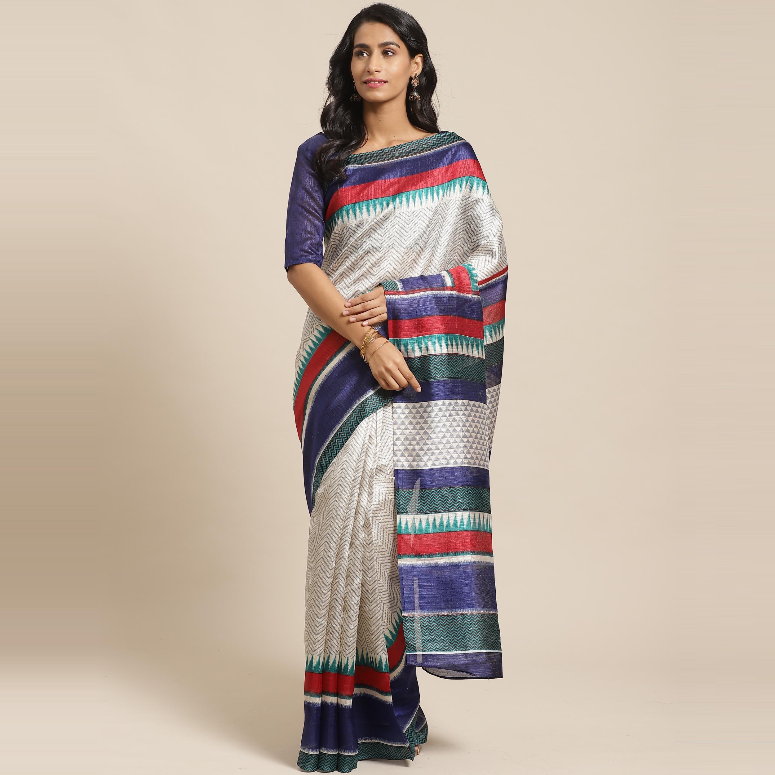 Peachmode Innovative Cream Colored Casual Wear Printed Art Silk Saree