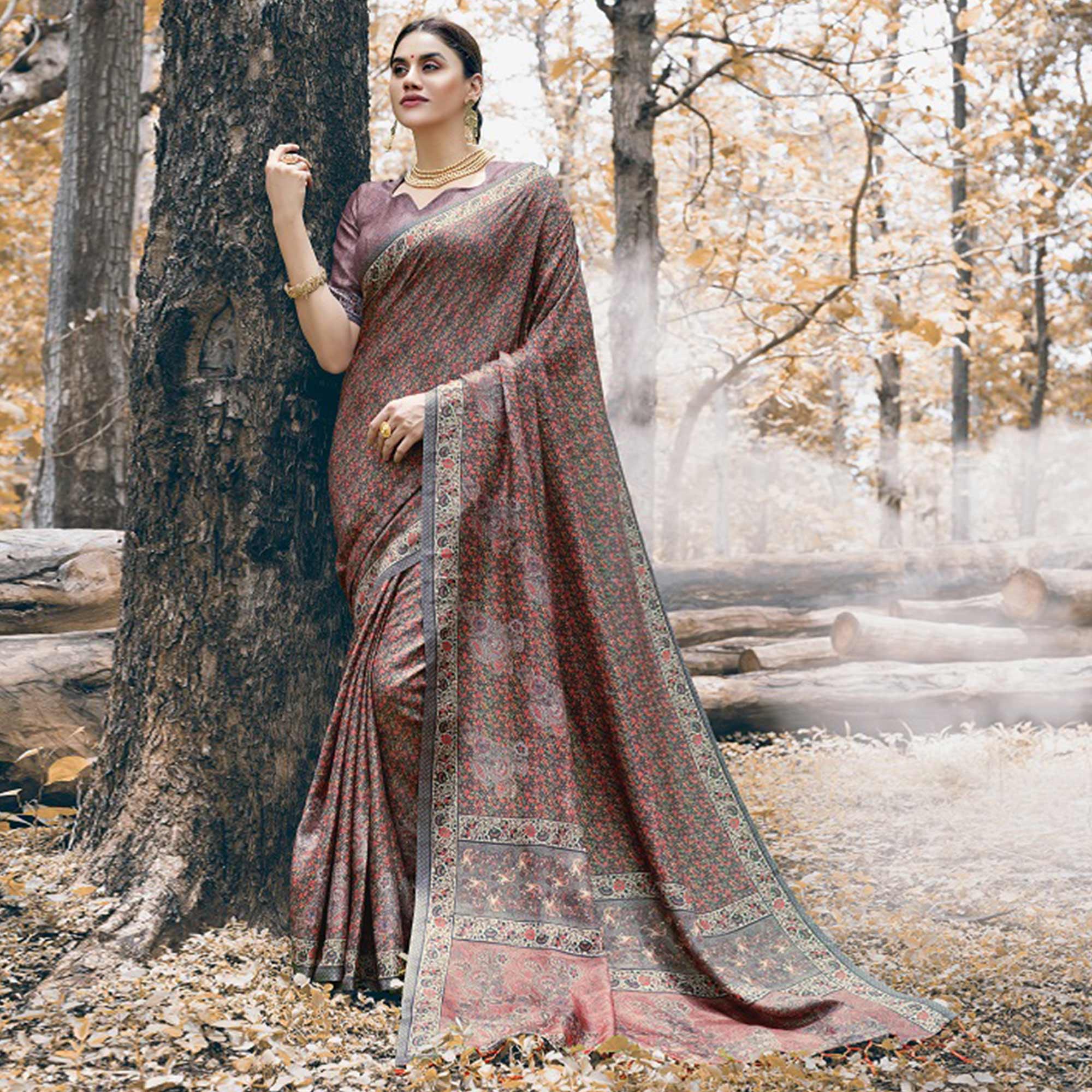 Peachmode Majesty Mauve Colored Festive Wear Printed Art Silk Saree