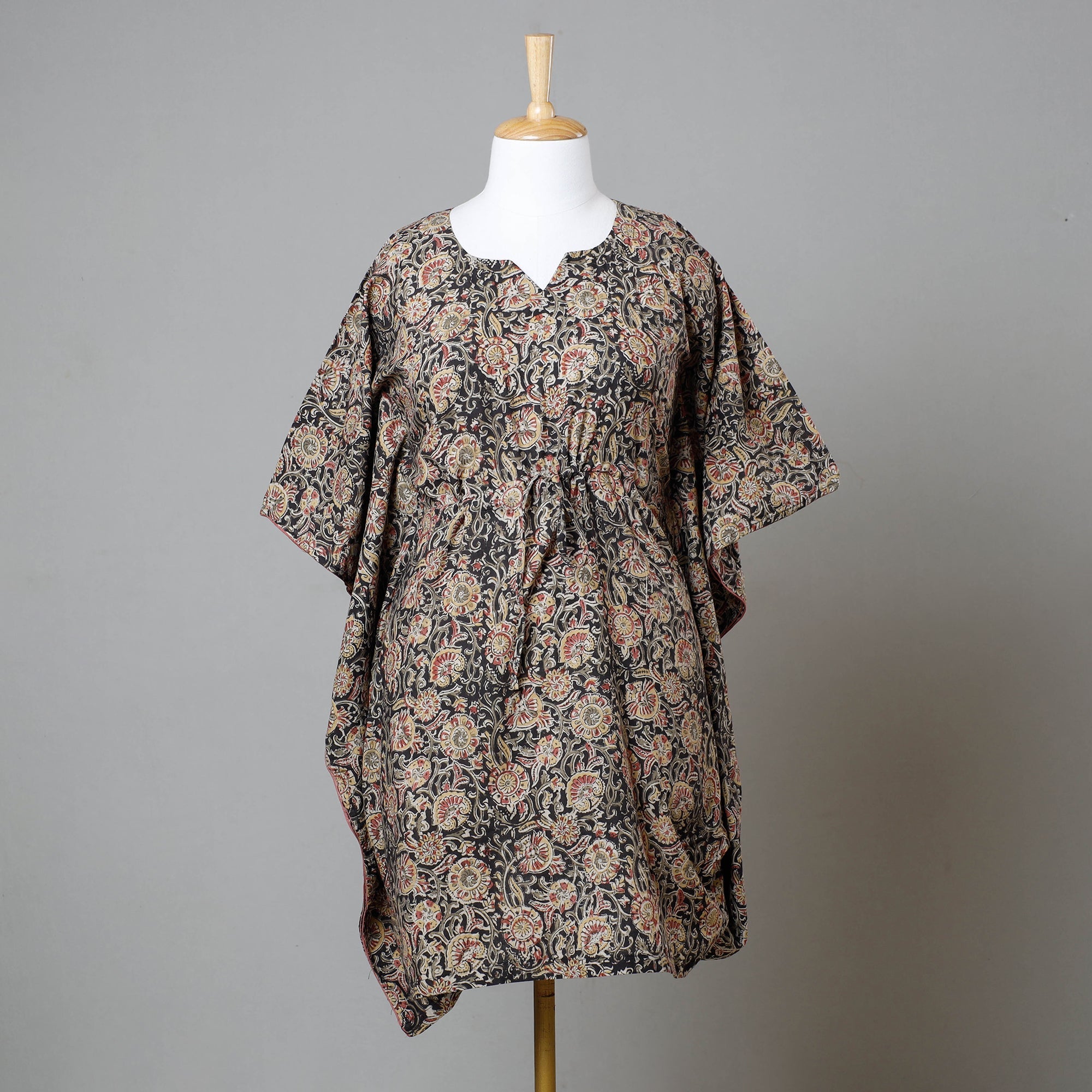 ITOKRI CASUALS Black - Block Print Cotton Kalamkari Kaftan with Tie-Up Waist (Medium)
