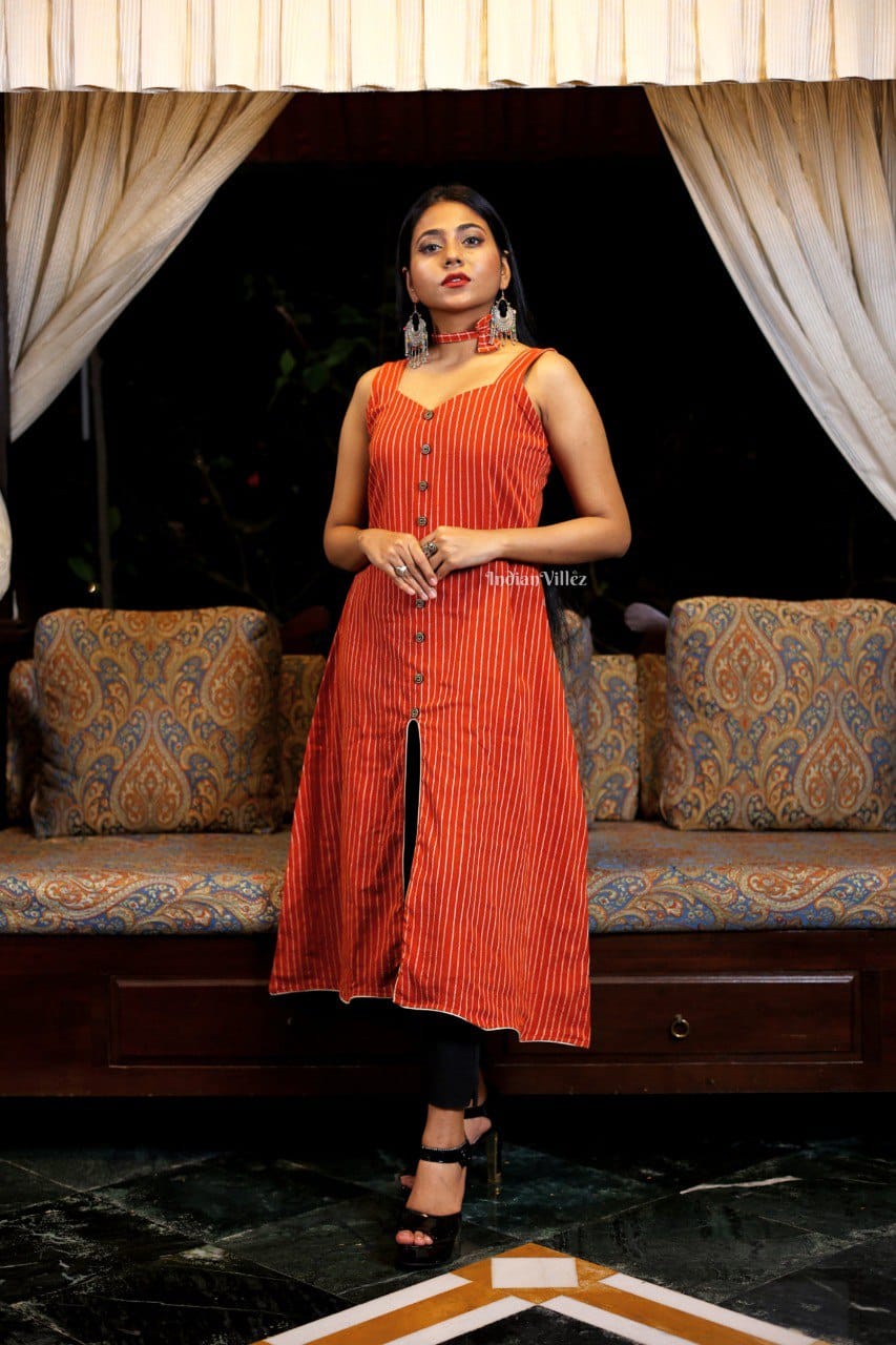 IndianVillèz Orange Stripes Middle Slit Kotpad Organic Cotton Kurti