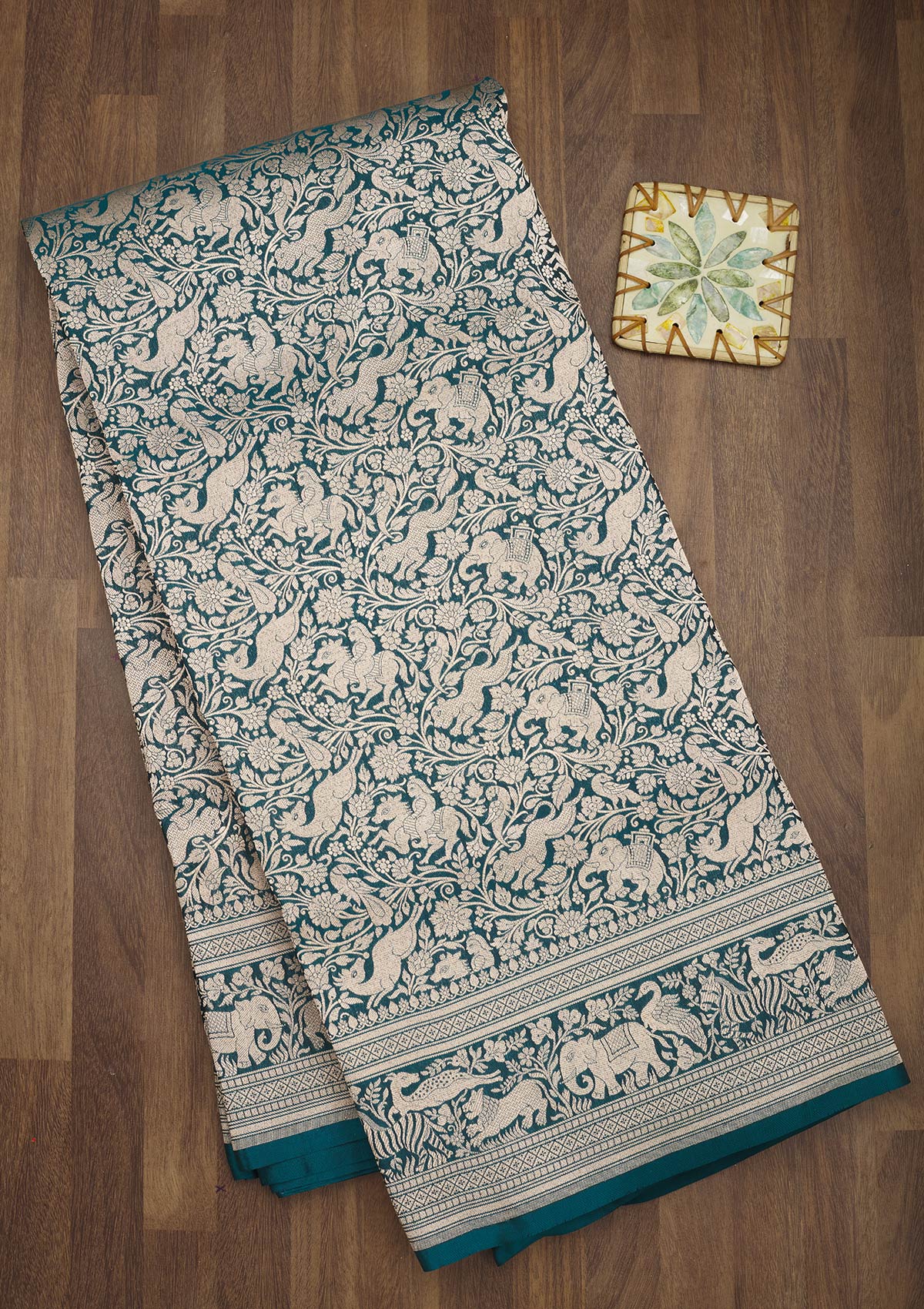 Koskii Peacock Blue Zariwork Pure Silk Saree – Women's