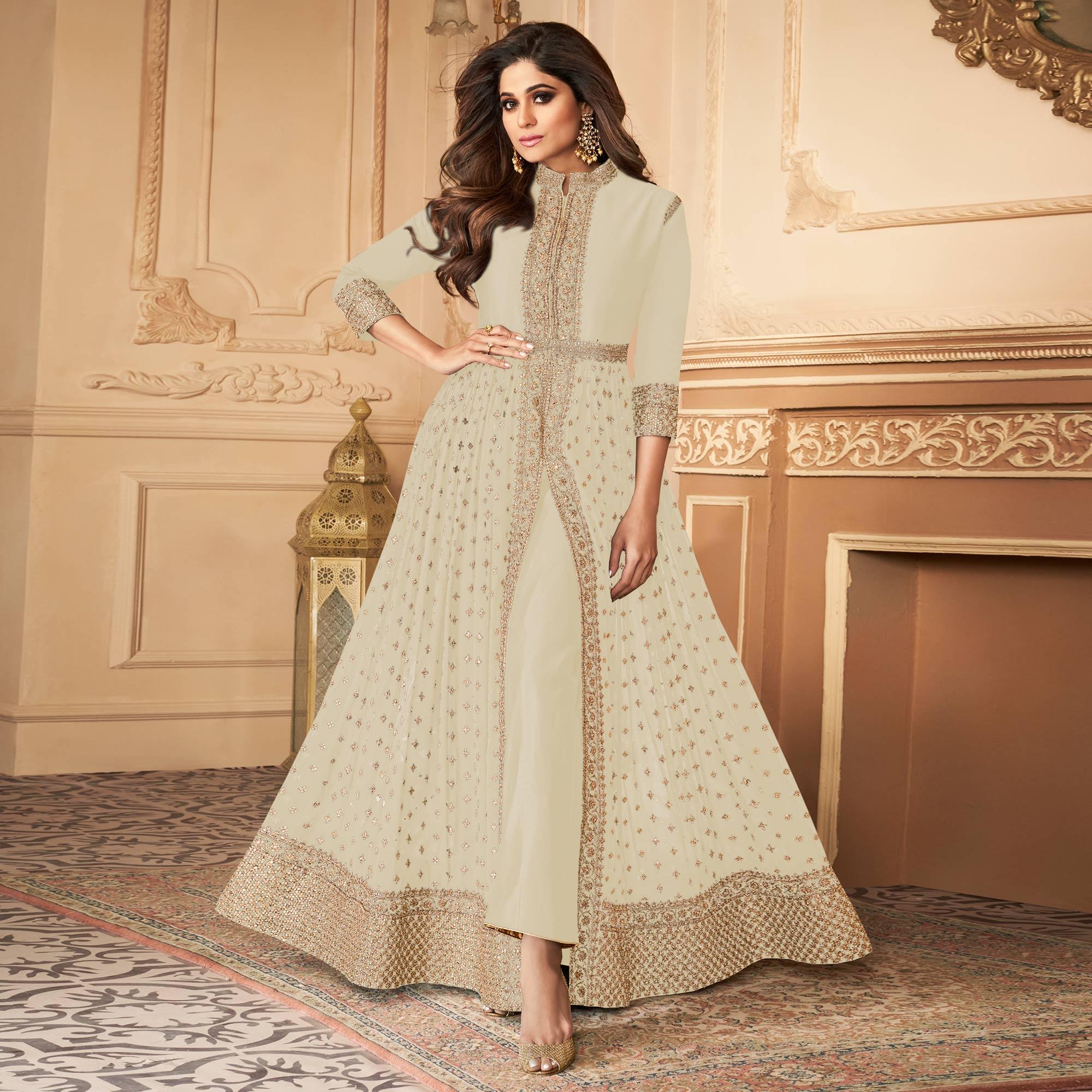 Peachmode Seller Cream Embroidered Georgette Partywear Gown