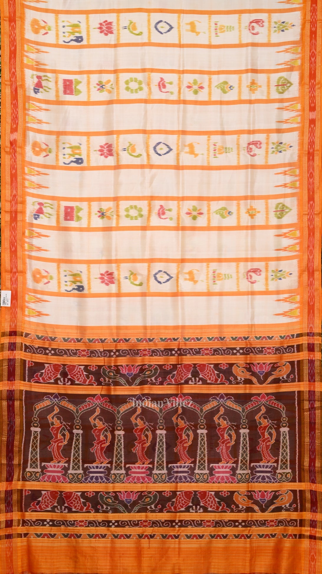 IndianVillèz White Yellow Nabakothi Khandua Silk Saree
