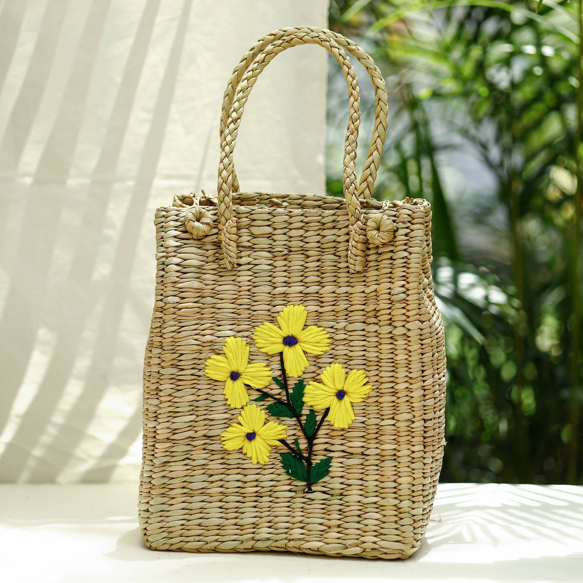 ITOKRI CRAFTS INITIATIVE Beige - Handcrafted Natural Water Reed Embroidered Shopping Bag