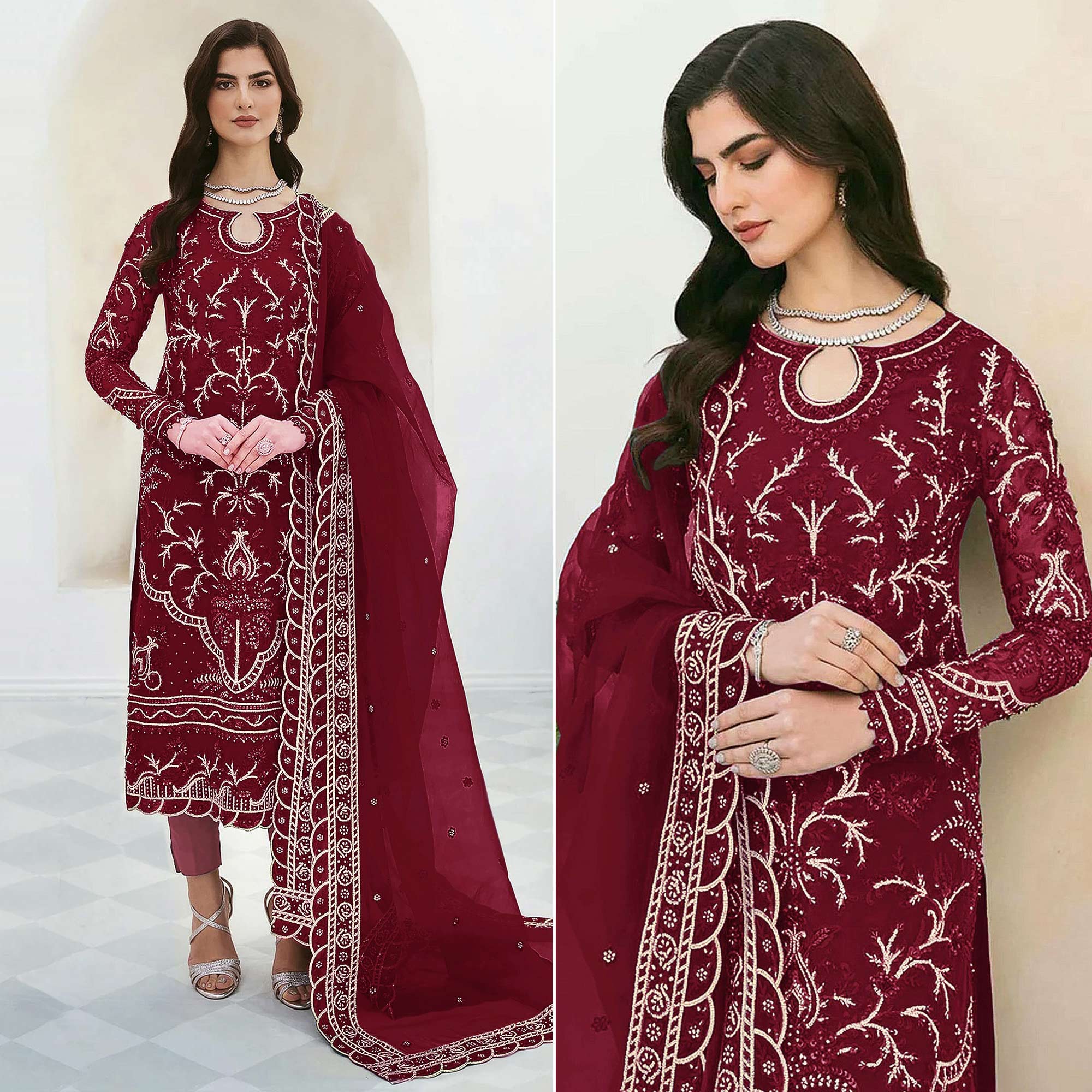 Peachmode Maroon Sequins Embroidered Georgette Pakistani Suit