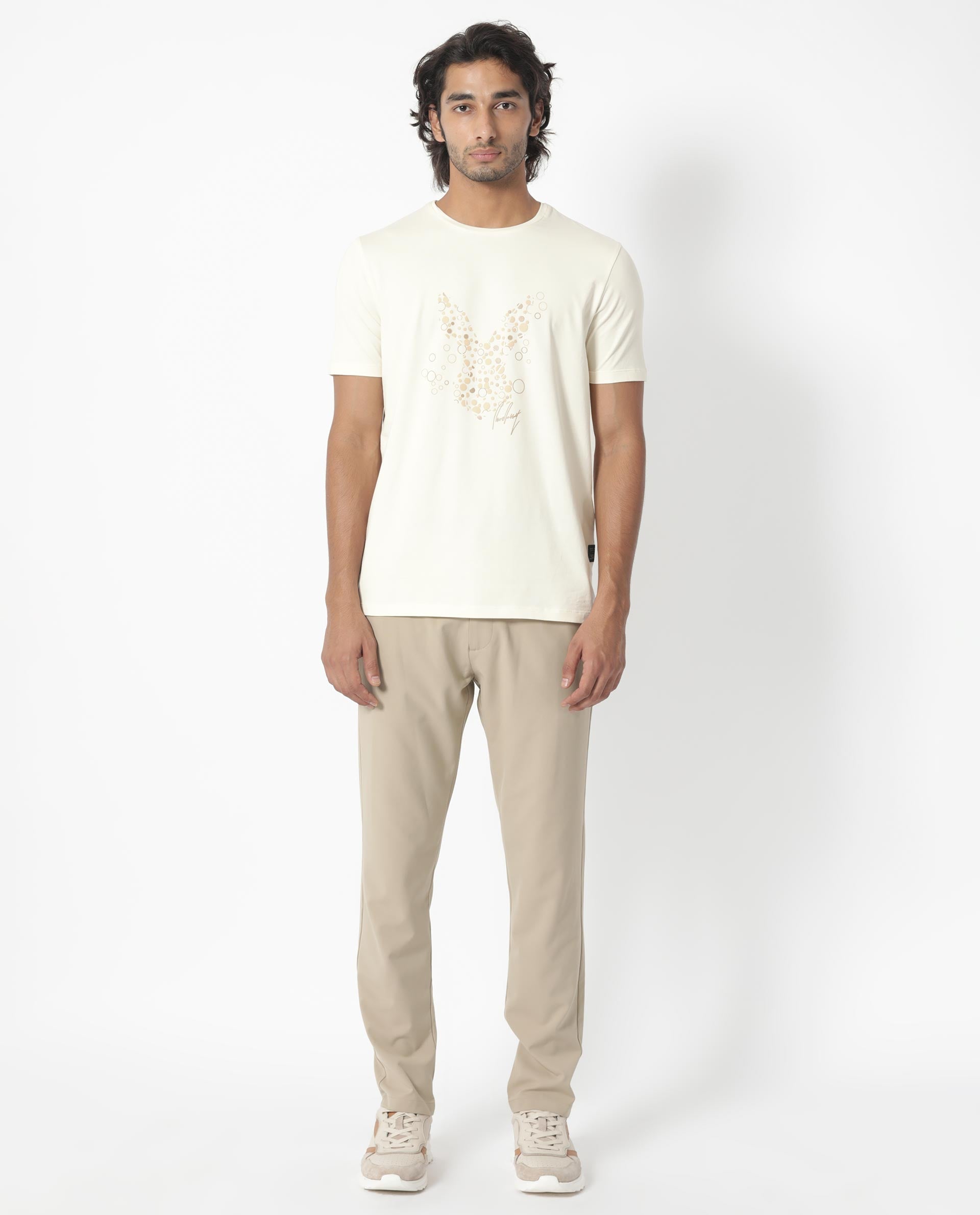 Rare Rabbit Men's Kerwin Beige Crew Neck HD Print Logo on Chest Half Sleeves Regular Fit T-Shirt - view 7