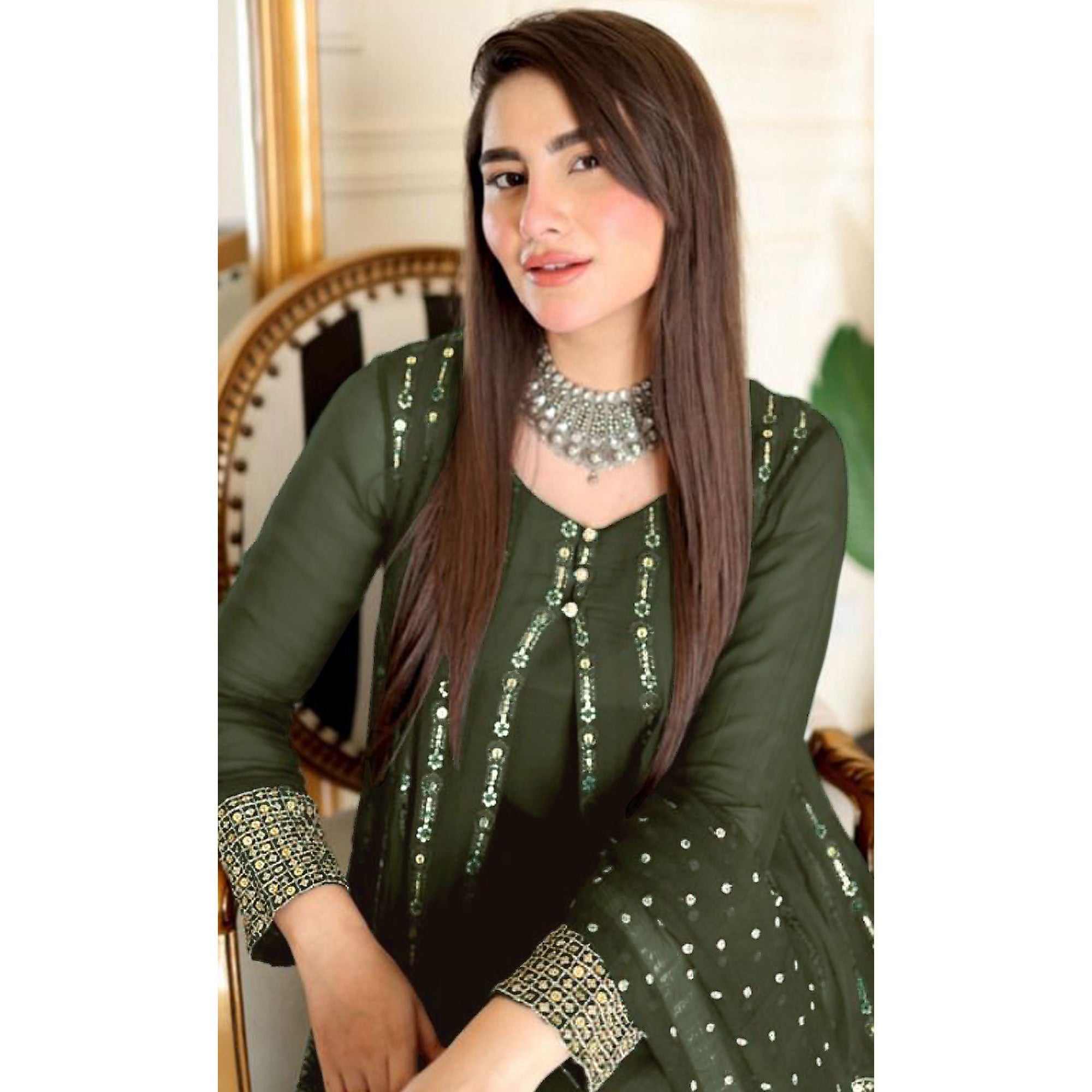 Peachmode Mehendi Green Sequins Embroidered Georgette Pakistani Suit - view 4