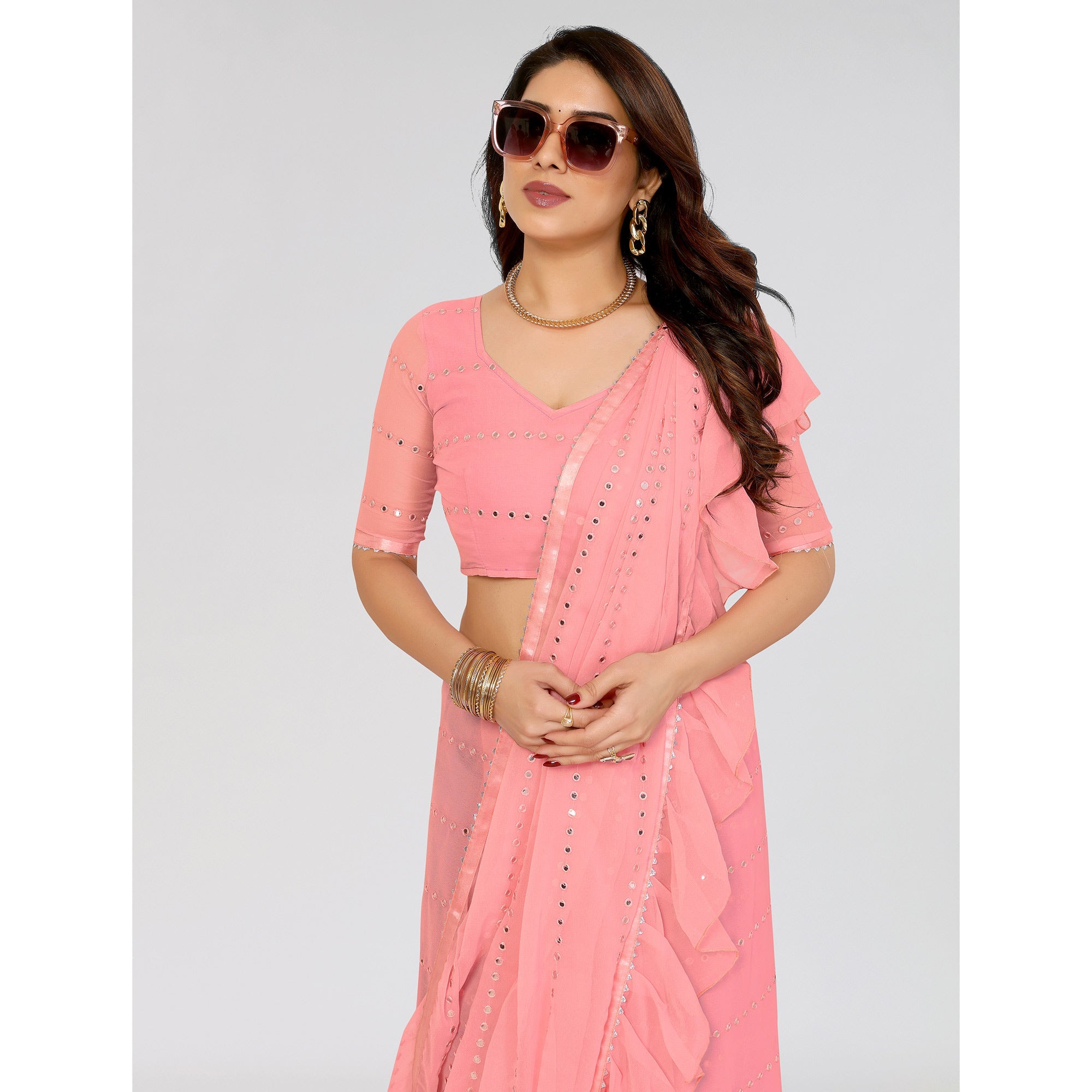 Peachmode Light Pink Embroidered Georgette Ruffle Saree - view 7