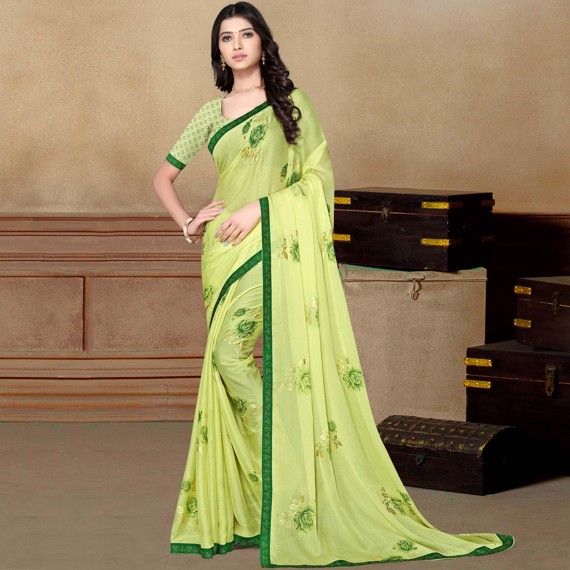 Peachmode Lemon Green Partywear Foil Printed & Embellished Moss Chiffon Saree