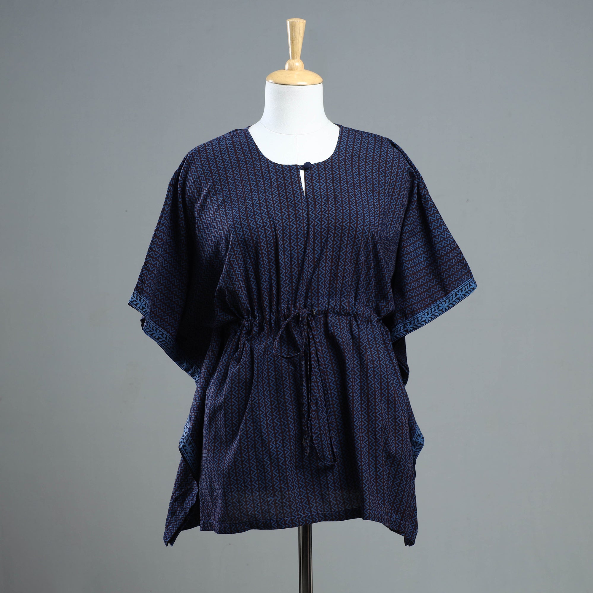 ITOKRI CASUALS Blue - Bagh Block Printed Cotton Kaftan with Tie-Up Waist (Short)