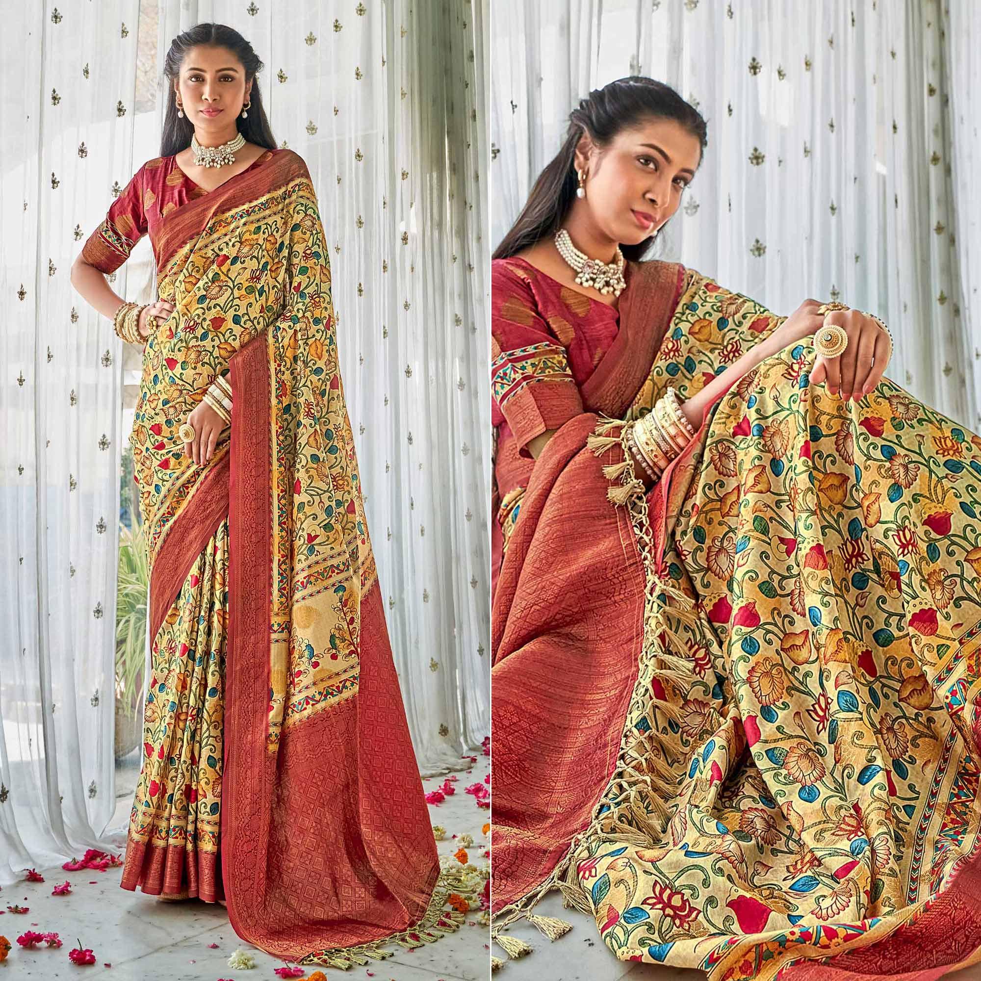 Peachmode Cream Floral Printed Art Silk Saree