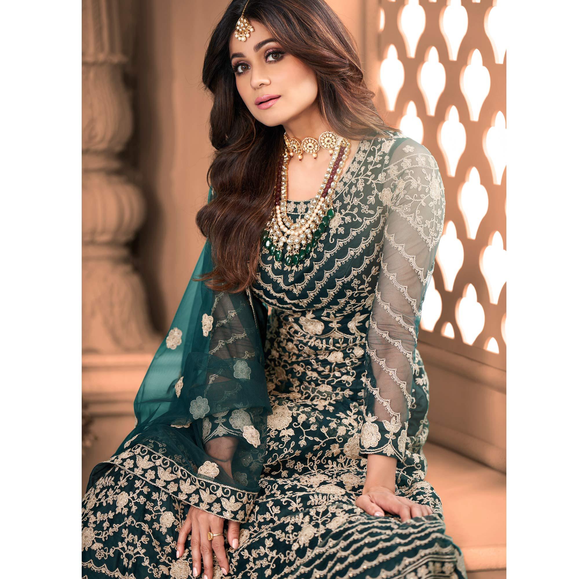 Peachmode Seller Dark Green Partywear Floral Embroidered Net Anarkali Suit - view 4