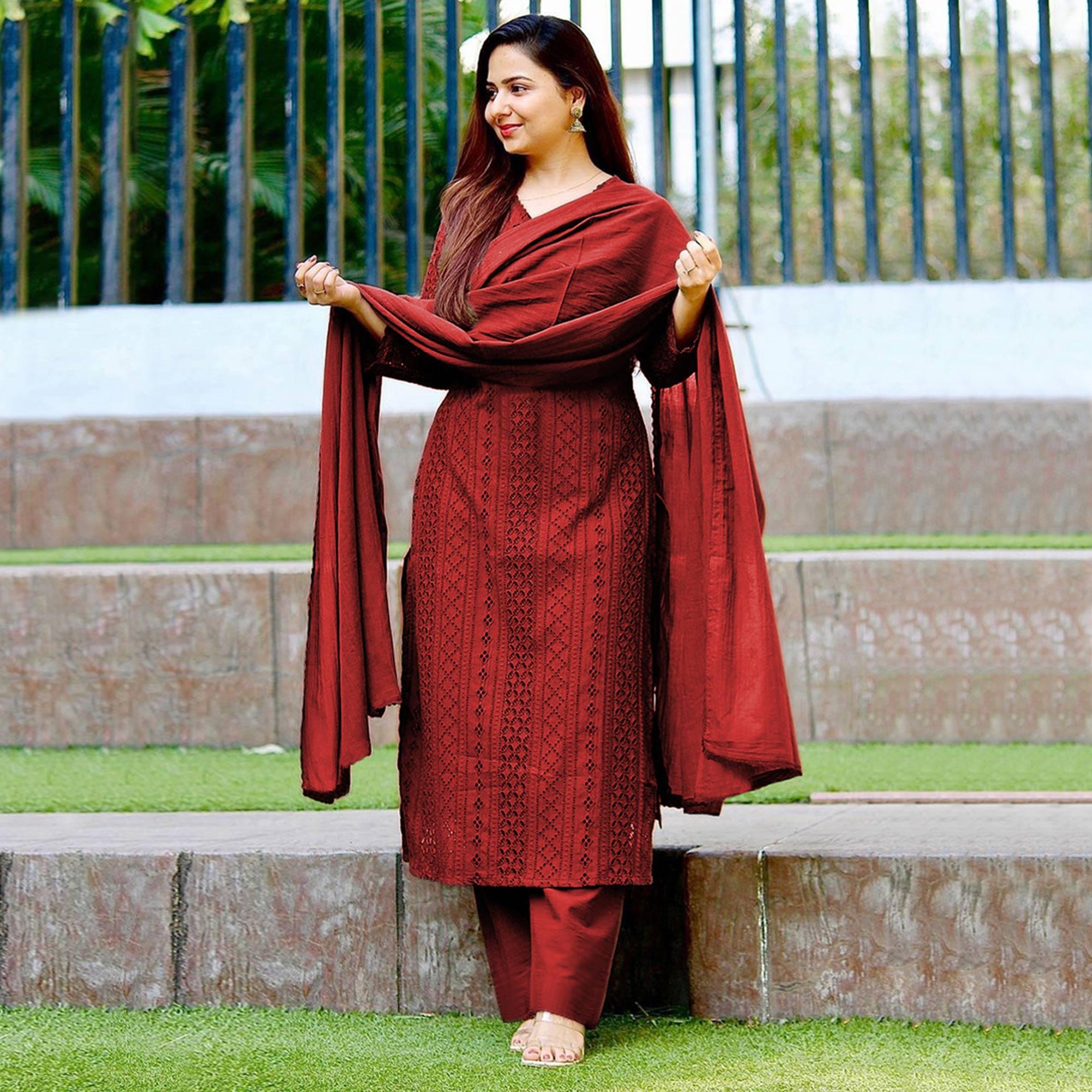 Peachmode Seller Maroon Lucknowi Embroidered Rayon Suit