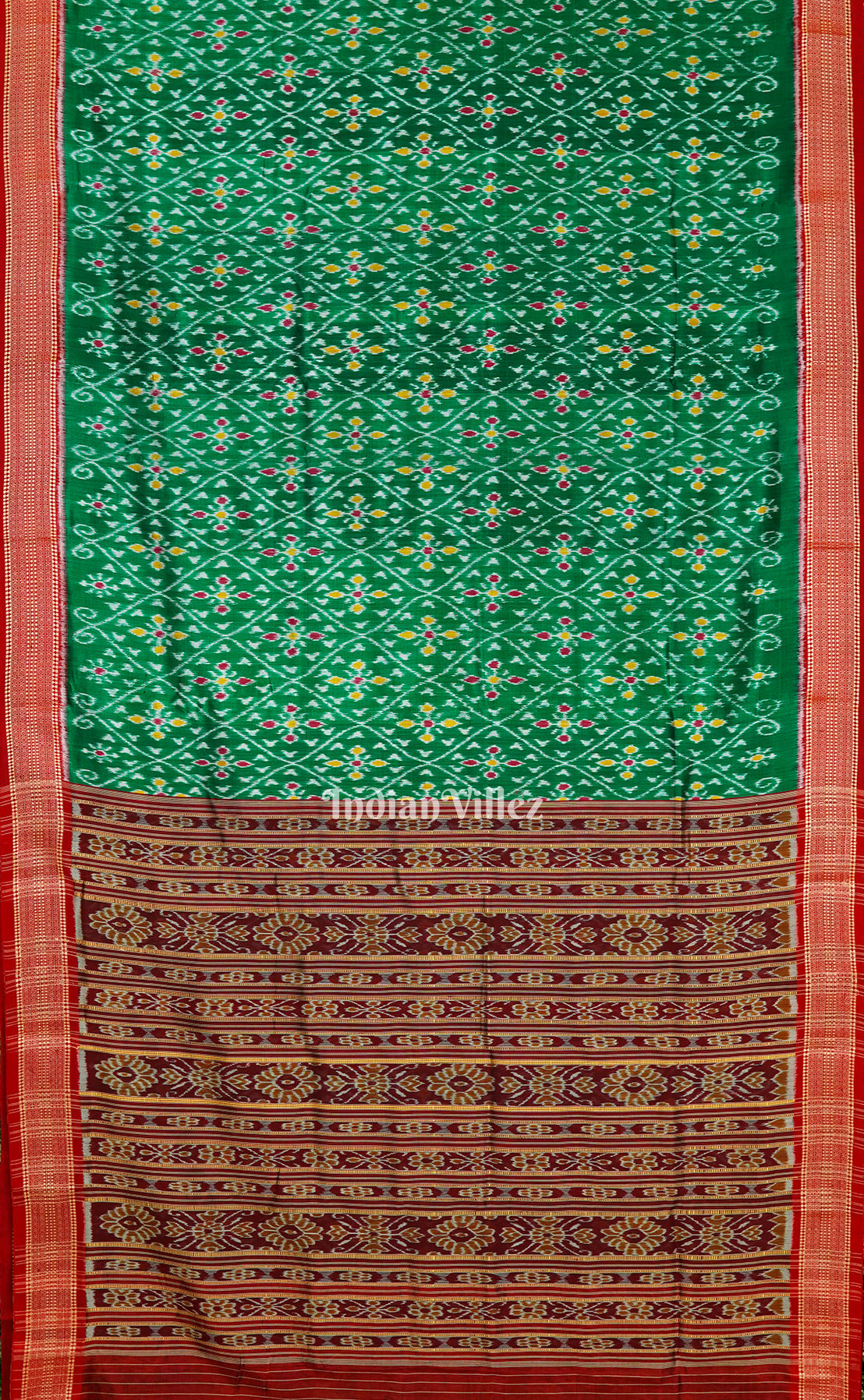 IndianVillèz Dark Green Flower Motif Odisha Ikat Khandua Silk Saree