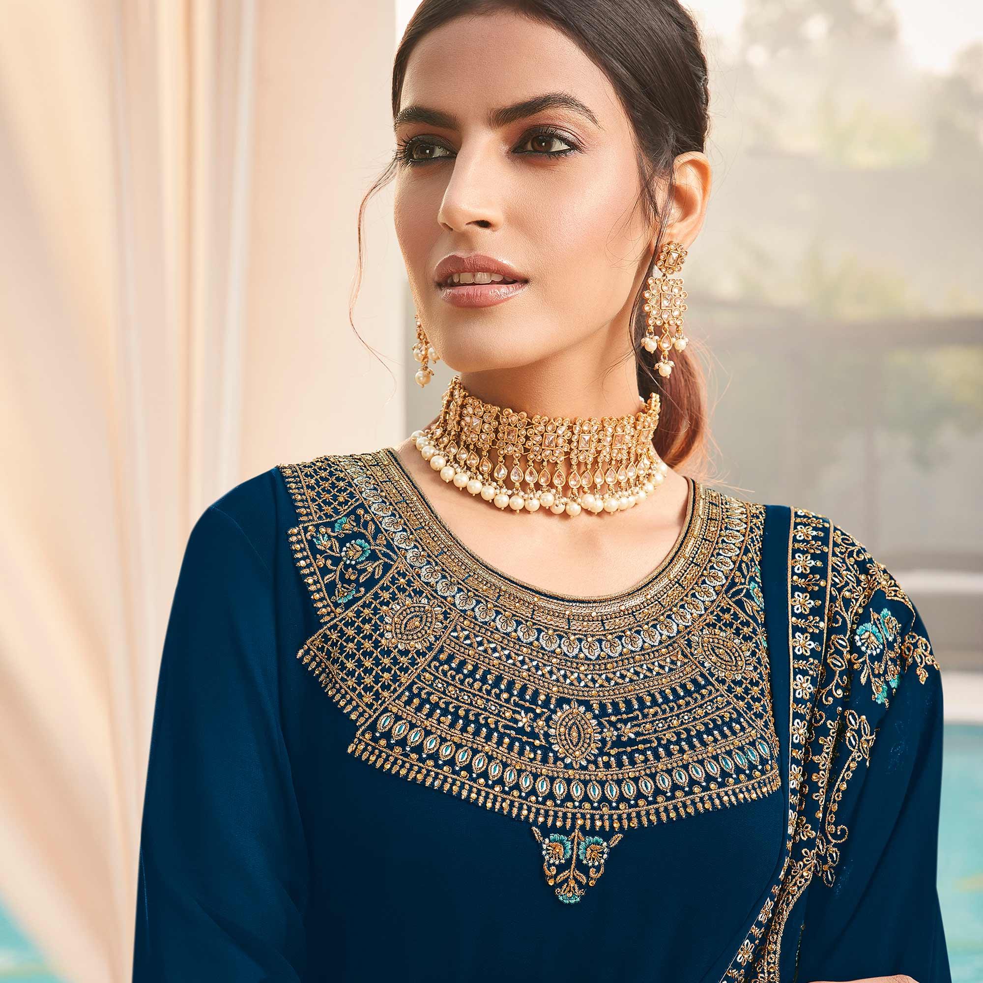 Peachmode Desirable Rama Blue Coloured Party Wear Embroidered Stone Work Faux Georgette Salwar Suit - view 2