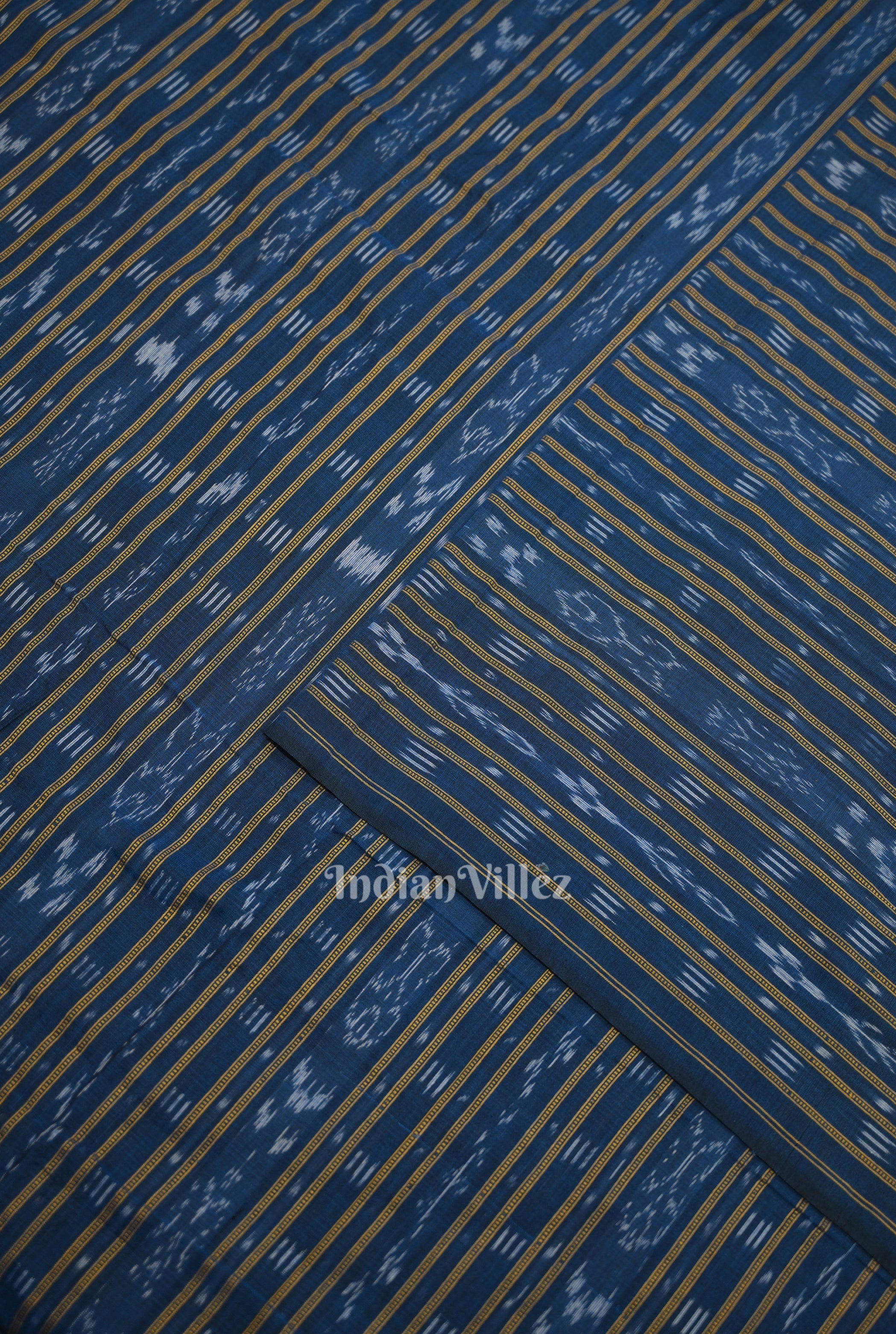 IndianVillèz Deep Blue Stripes Sambalpuri Odisha Ikat Cotton Fabric - view 2