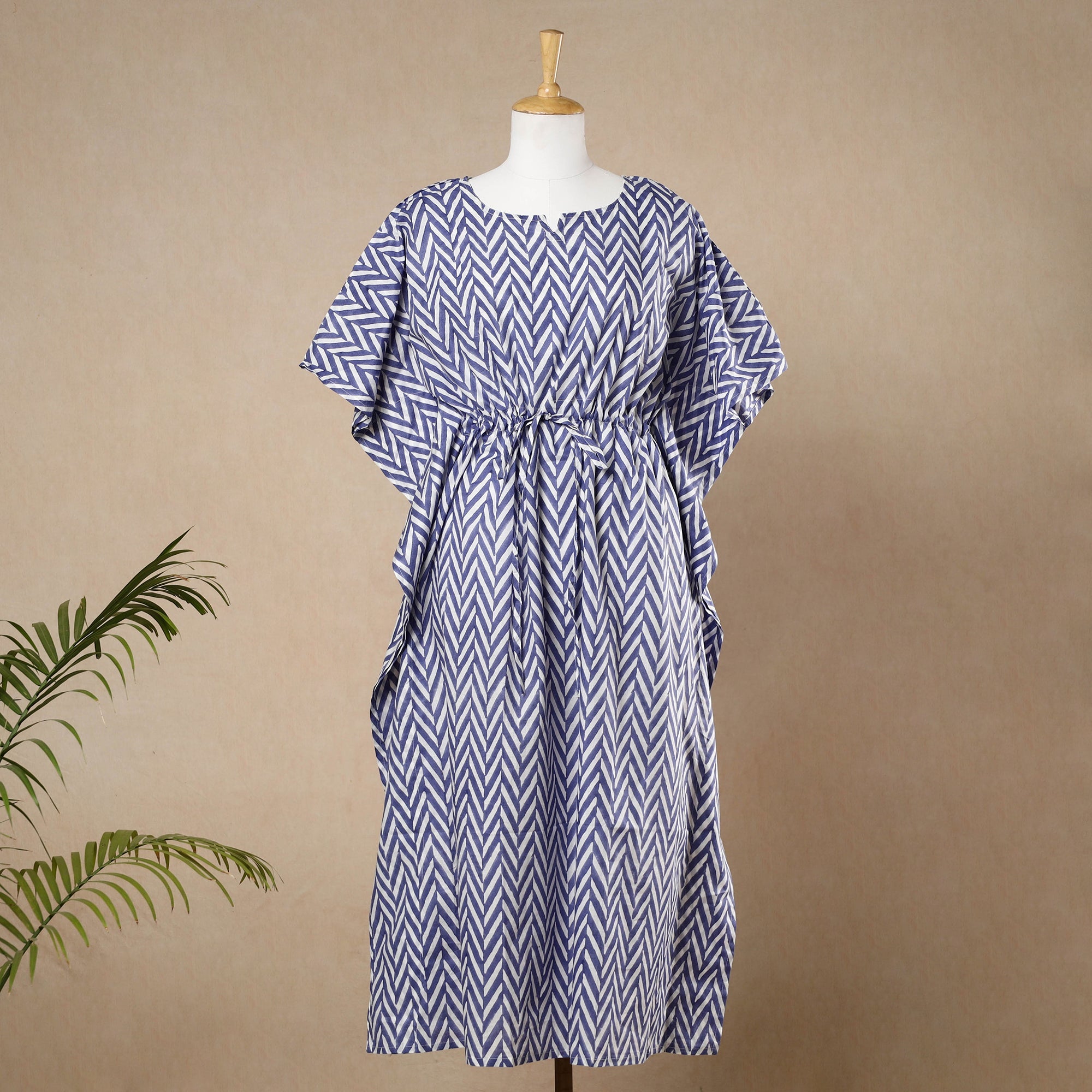 CHUTNEY CRAFT STUDIO Blue - Hand Block Printed Cotton Kaftan with Tie-Up Waist (Long)
