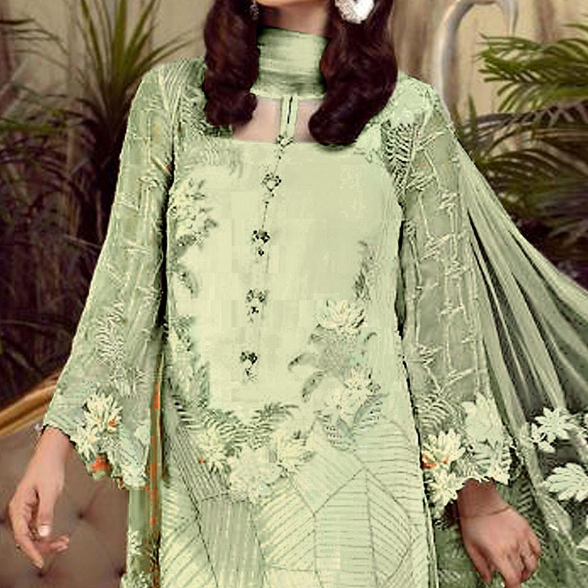 Peachmode Charming Green Colored Partywear Embroidered Faux Gerogette Straight Suit - view 2