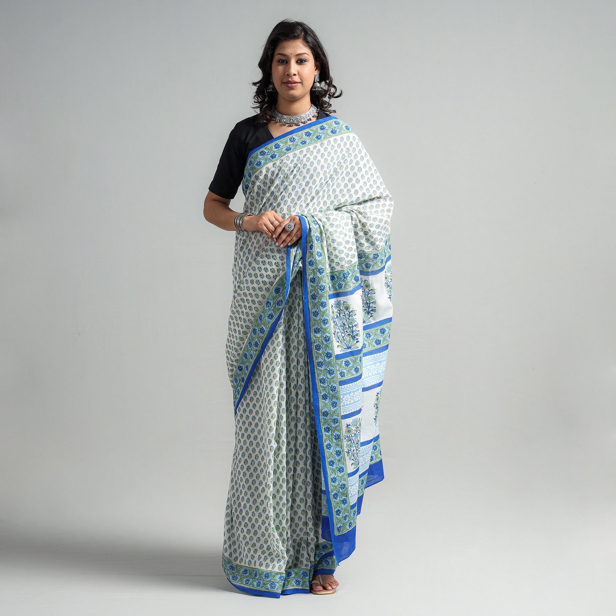 SANTOSH KUMAR DHANOPIA Blue - Block Printed Mul Cotton Sanganeri Saree