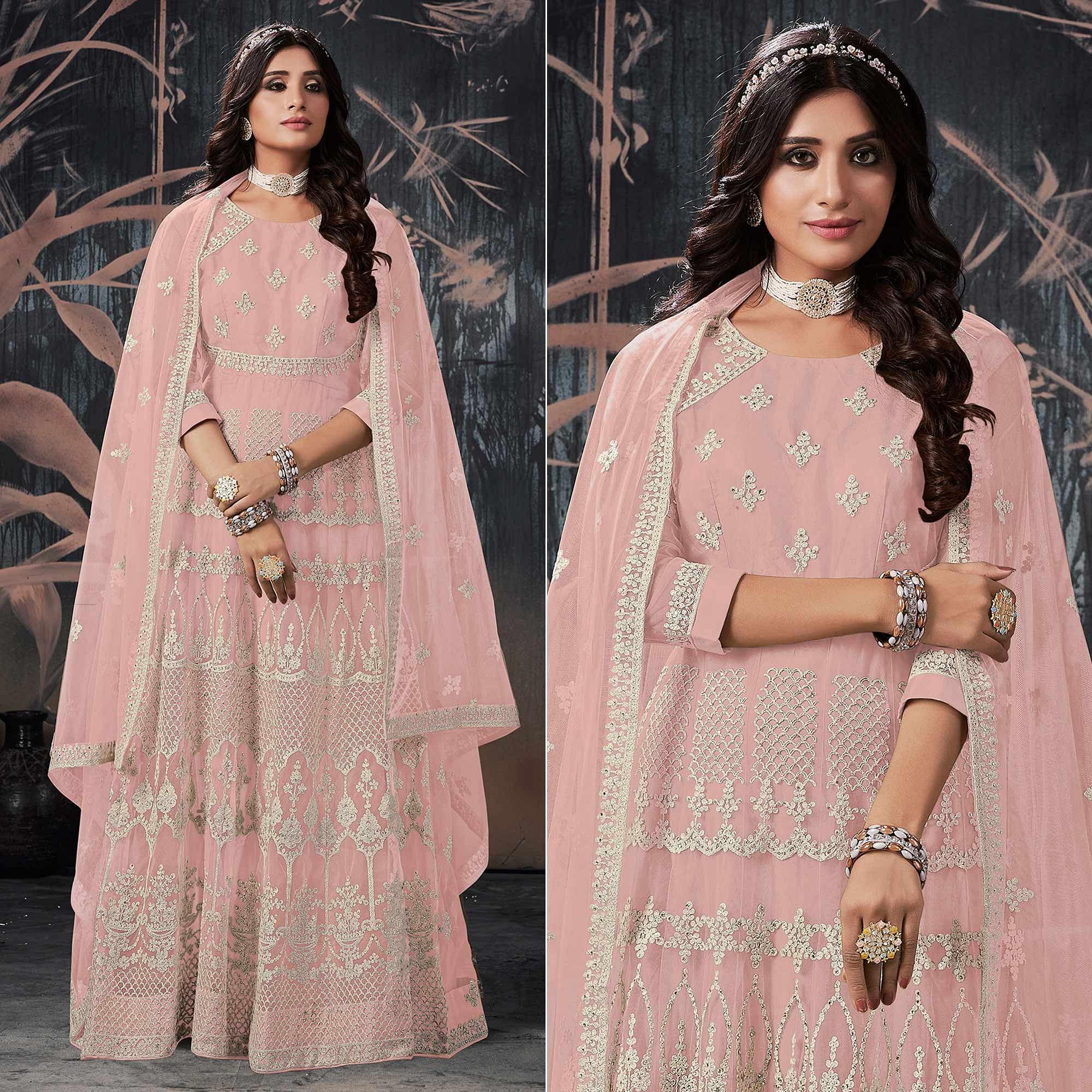 Peachmode Seller Light Pink Partywear Embroidery With Embellished Net Gown