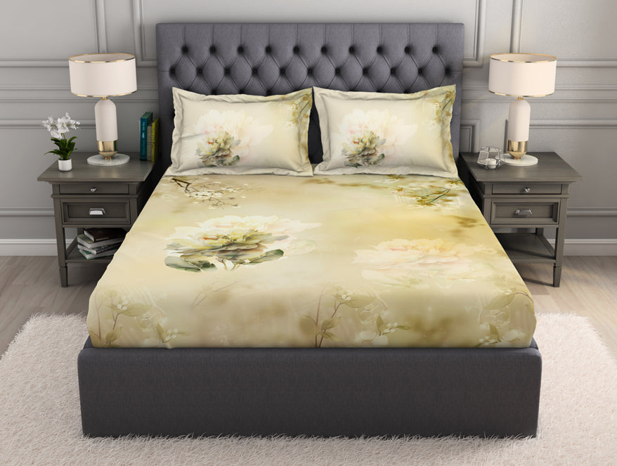Spaces India Floral Beige 100% Cotton King Size Bedsheet Organic Cotton - By Spaces