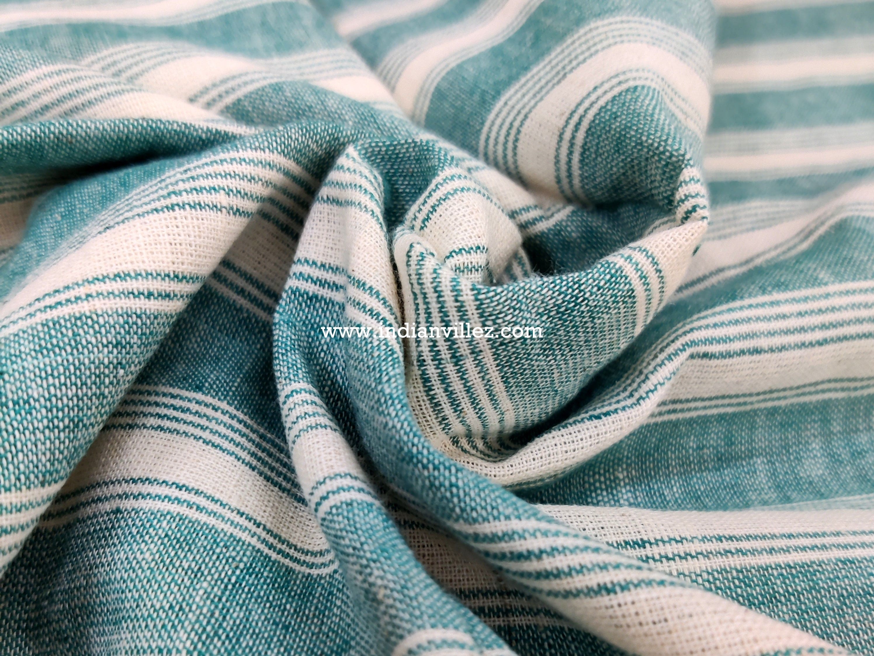 IndianVillèz Off White with Turquoise Stripes Kotpad Handloom Fabric