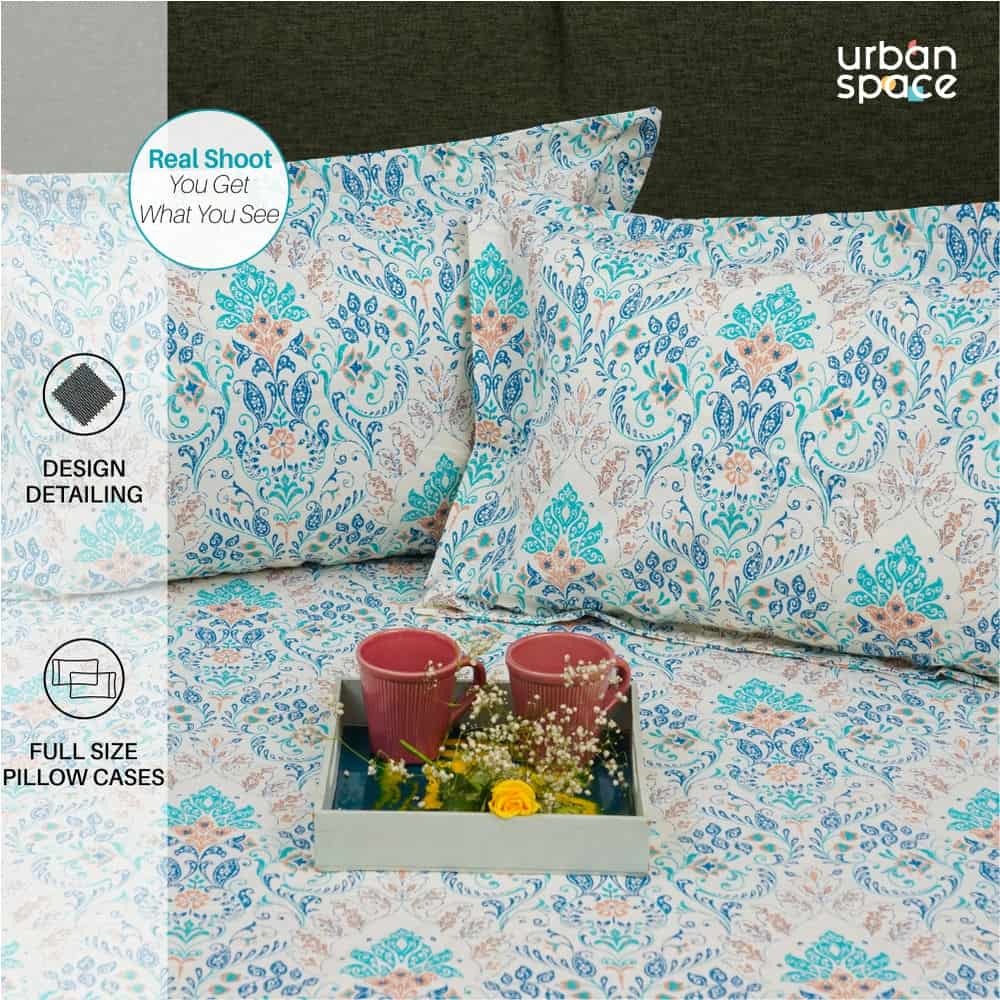 Urban Space -Home Furnishing Store Regal Collection - Breathable 200 TC 100% Pure Cotton Single Bedsheet with Pillow Cover, Mughal Garden - Blue - view 3