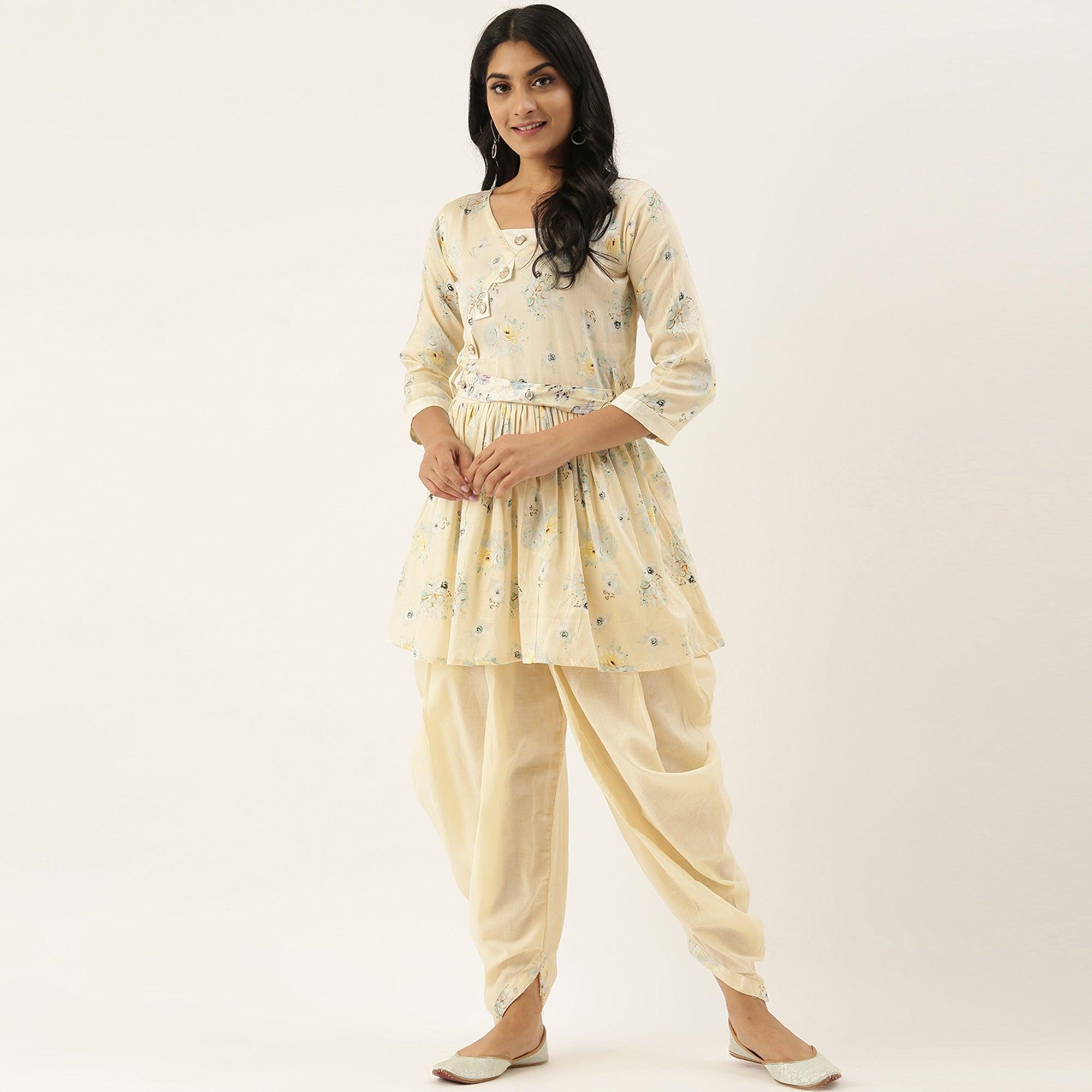 Peachmode Seller Cream Casual Wear Printed Pure Cotton Kurti With Dhoti Set - view 4