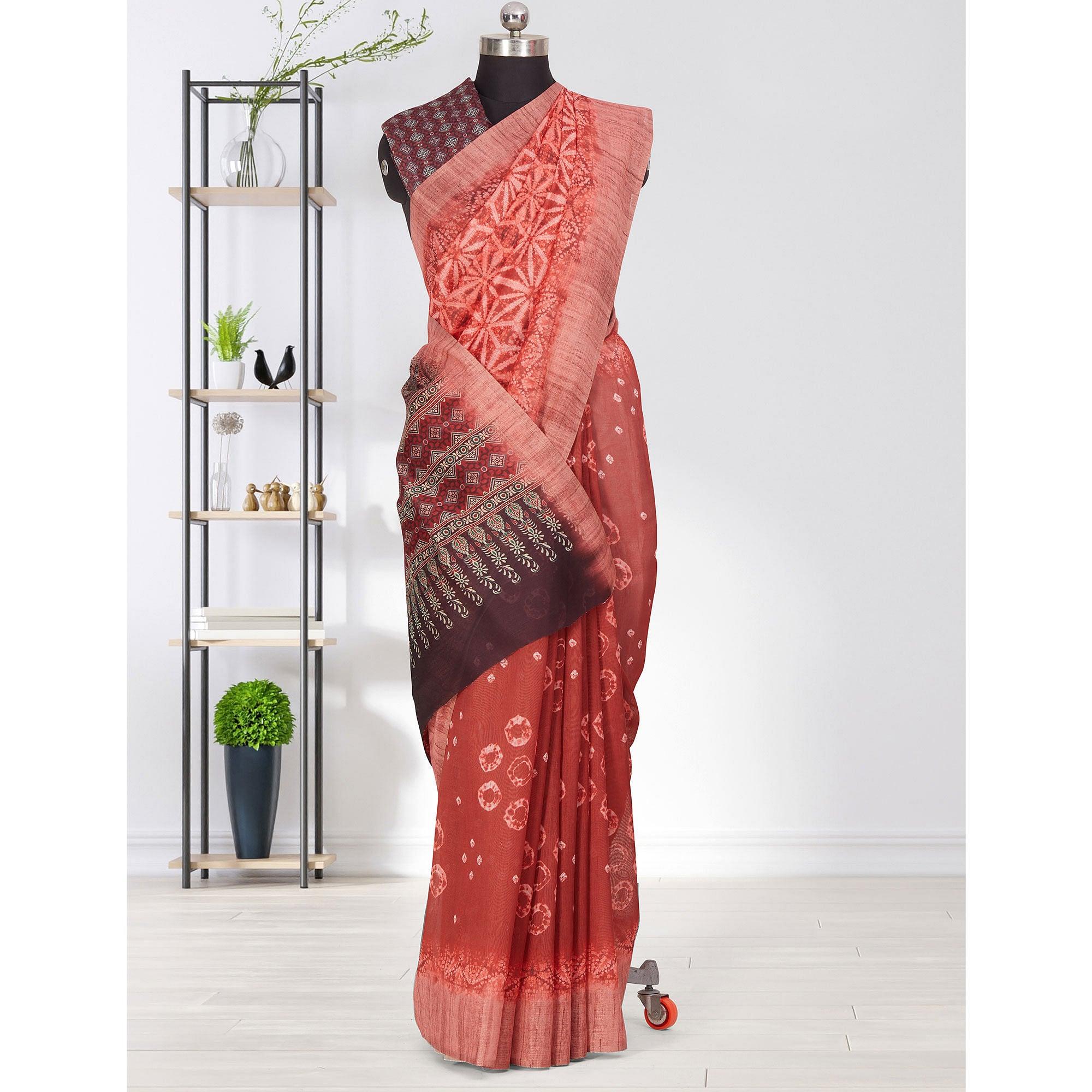 Peachmode Groovy Burgundy Coloured Casual Wear Printed Linen Saree - view 2