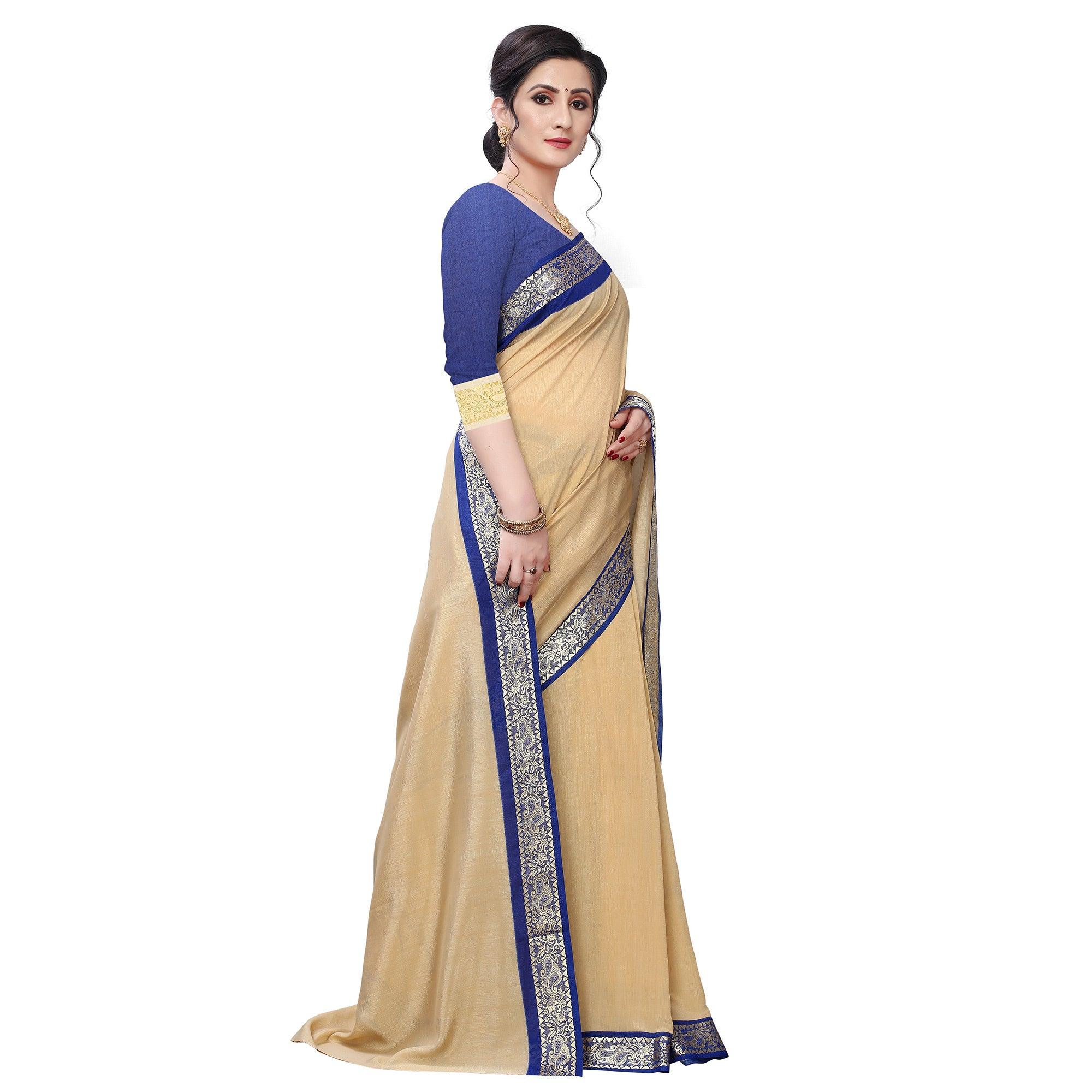 Peachmode Classy Beige Colored Festive Wear Woven Vichitra Silk Saree - view 4