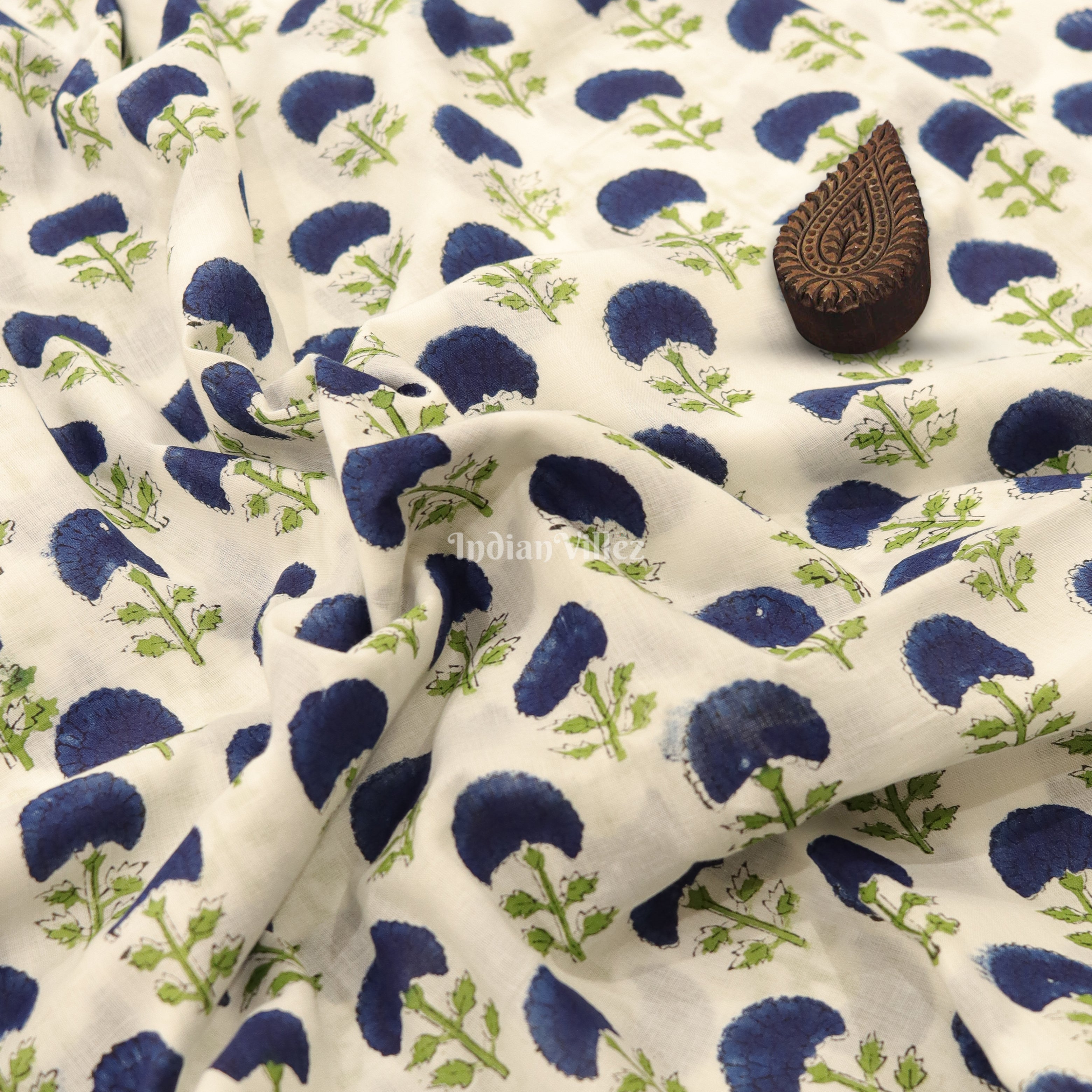 IndianVillèz White Blue Flower Motif Hand Block Printed Cotton Fabric