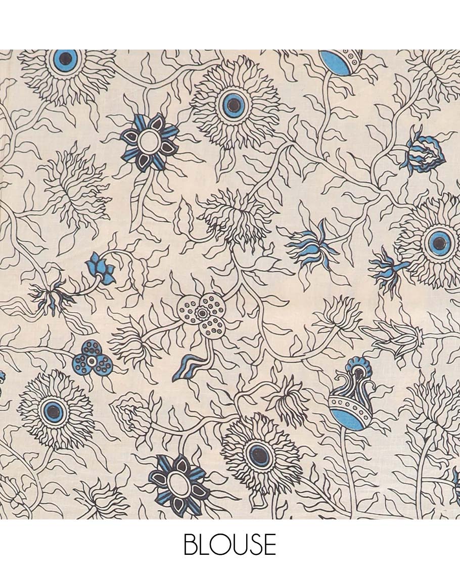 Pothys Blue unique floral machine-printed kalamkari cotton saree, contrast floral border & floral & diamond pallu - view 2