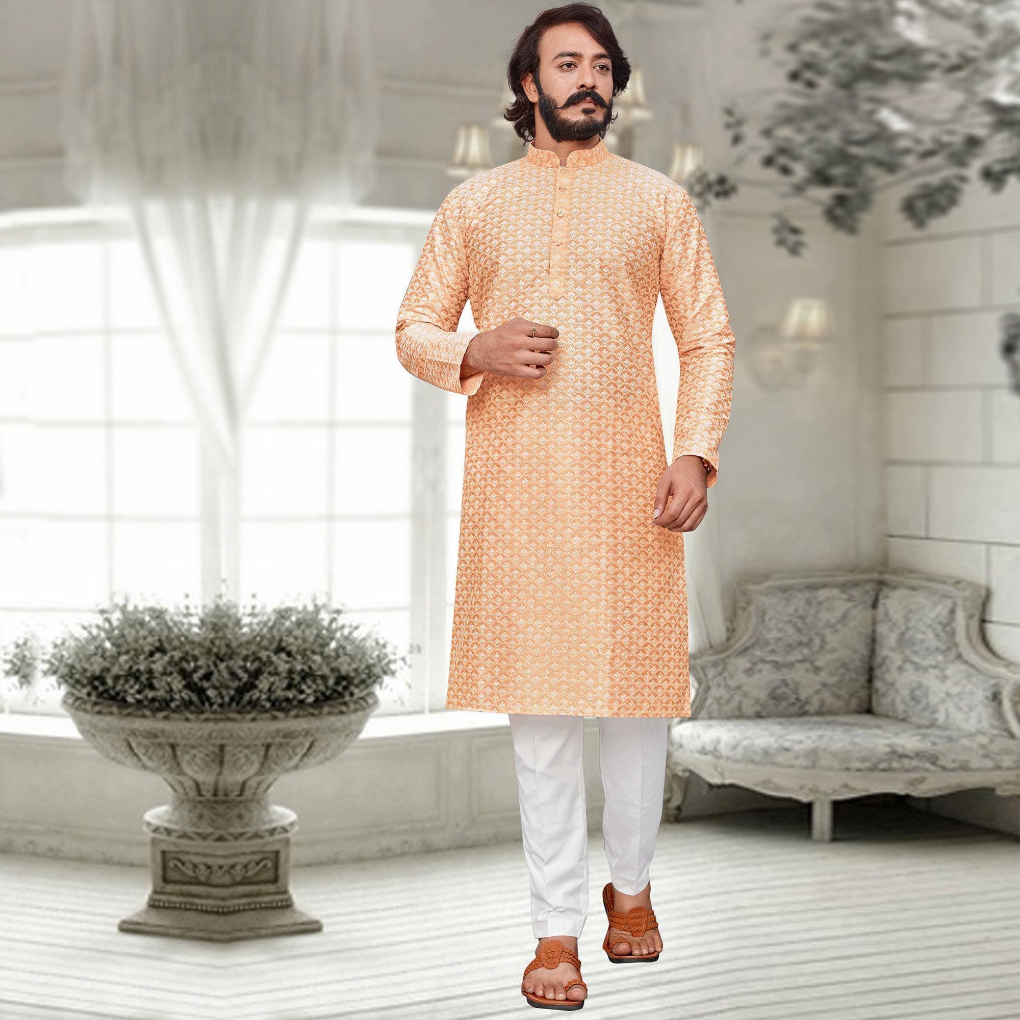 Peachmode Seller Light Orange Lucknowi Work Art Silk Kurta Pyjama Set - view 2