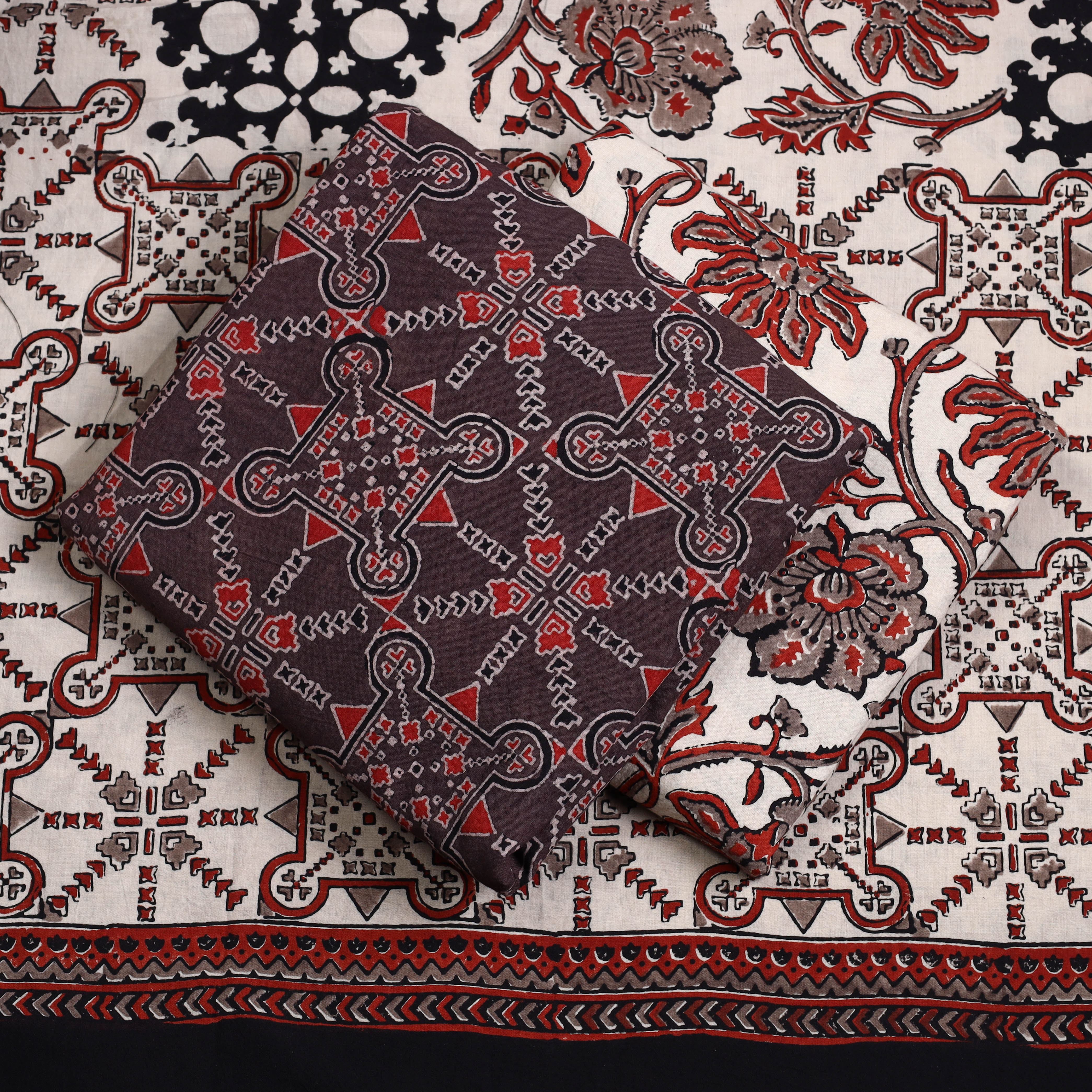 AJRAKH BY JABBAR KHATRI Brown - 3pc Ajrakh Block Printed Natural Dyed Cotton Suit Material Set 09 - view 2