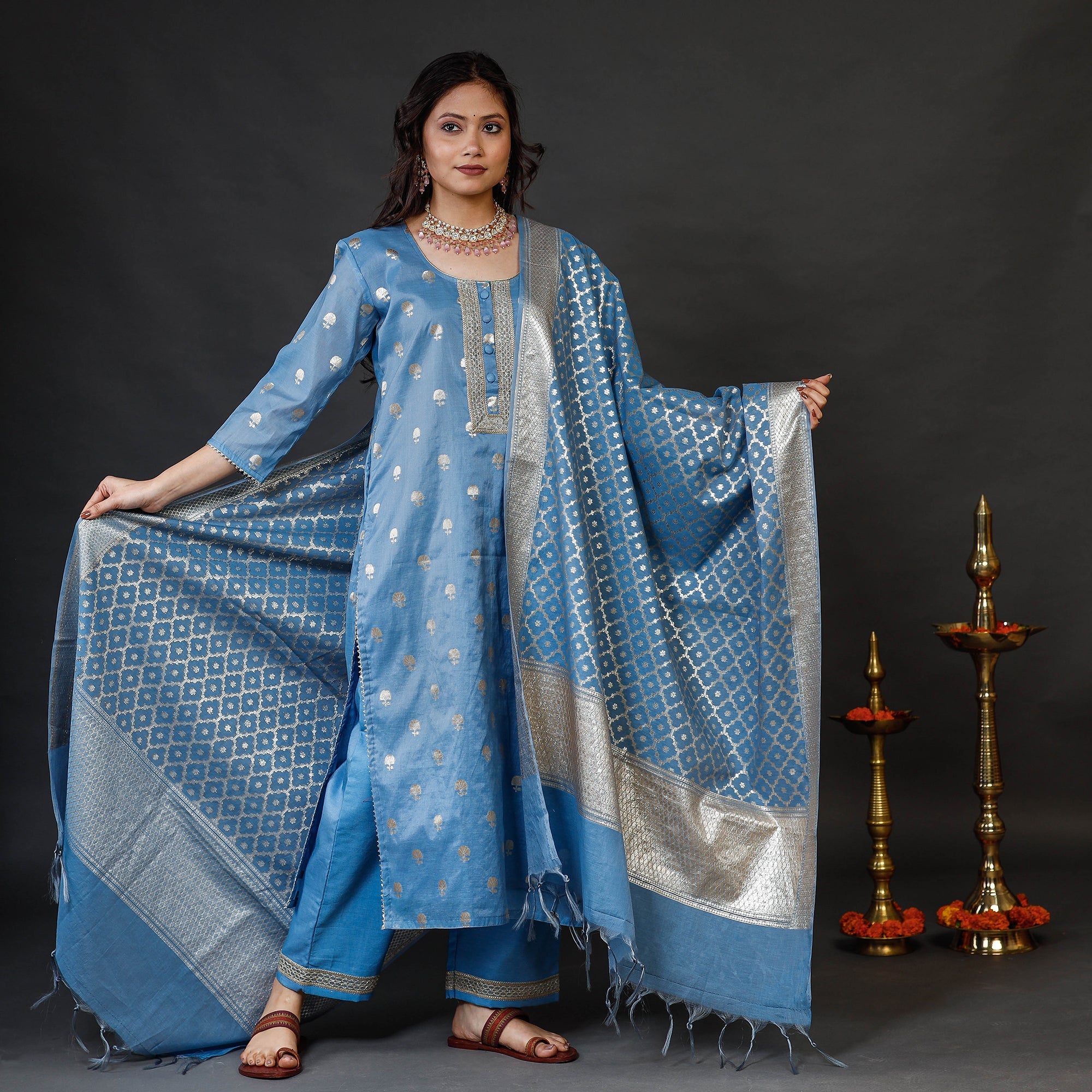 ITOKRI CASUALS Blue - Banarasi Silk Cotton Kurta with Palazzo & Dupatta Set - view 3
