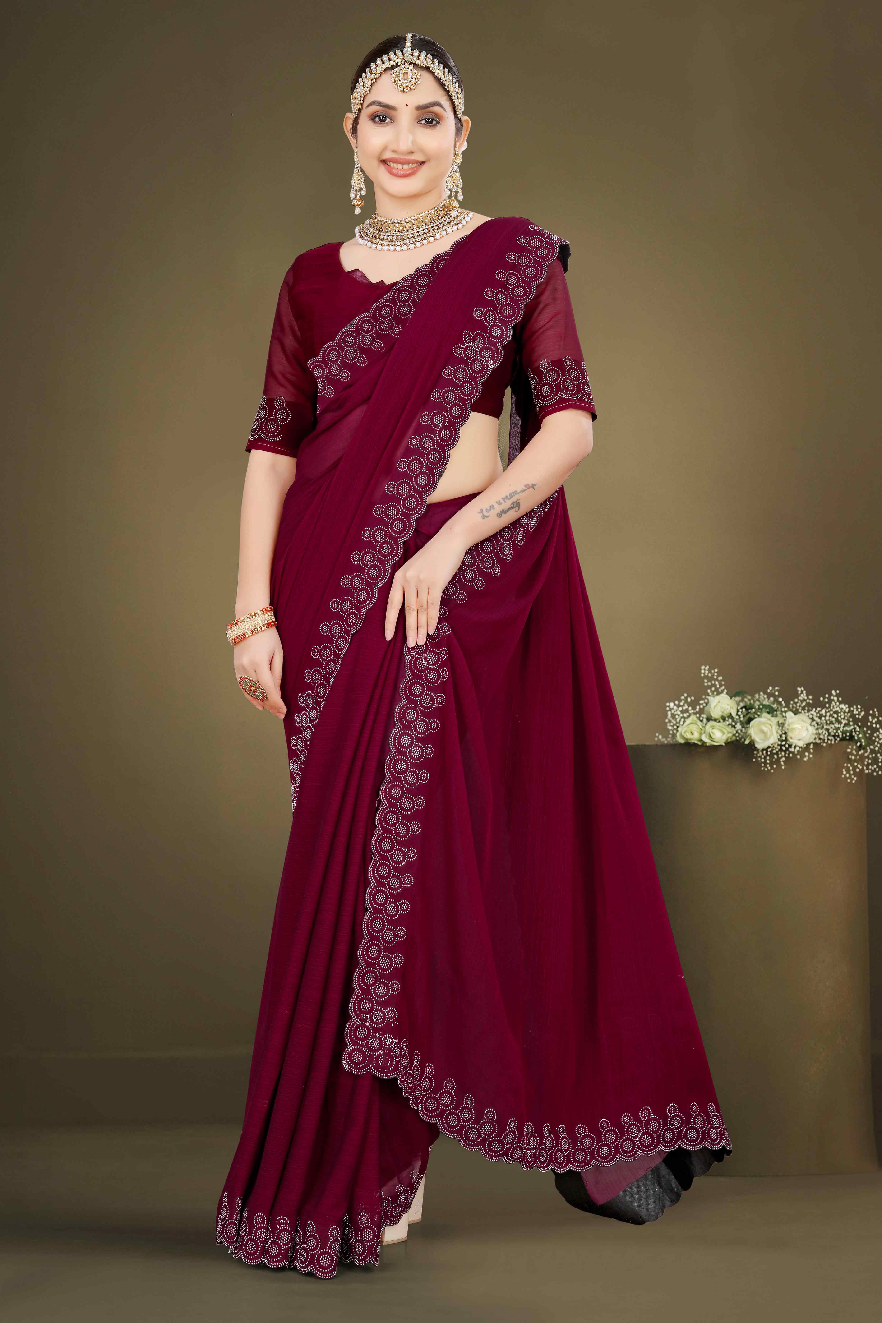 Peachmode Maroon Solid With Swarovski Work Chiffon Saree
