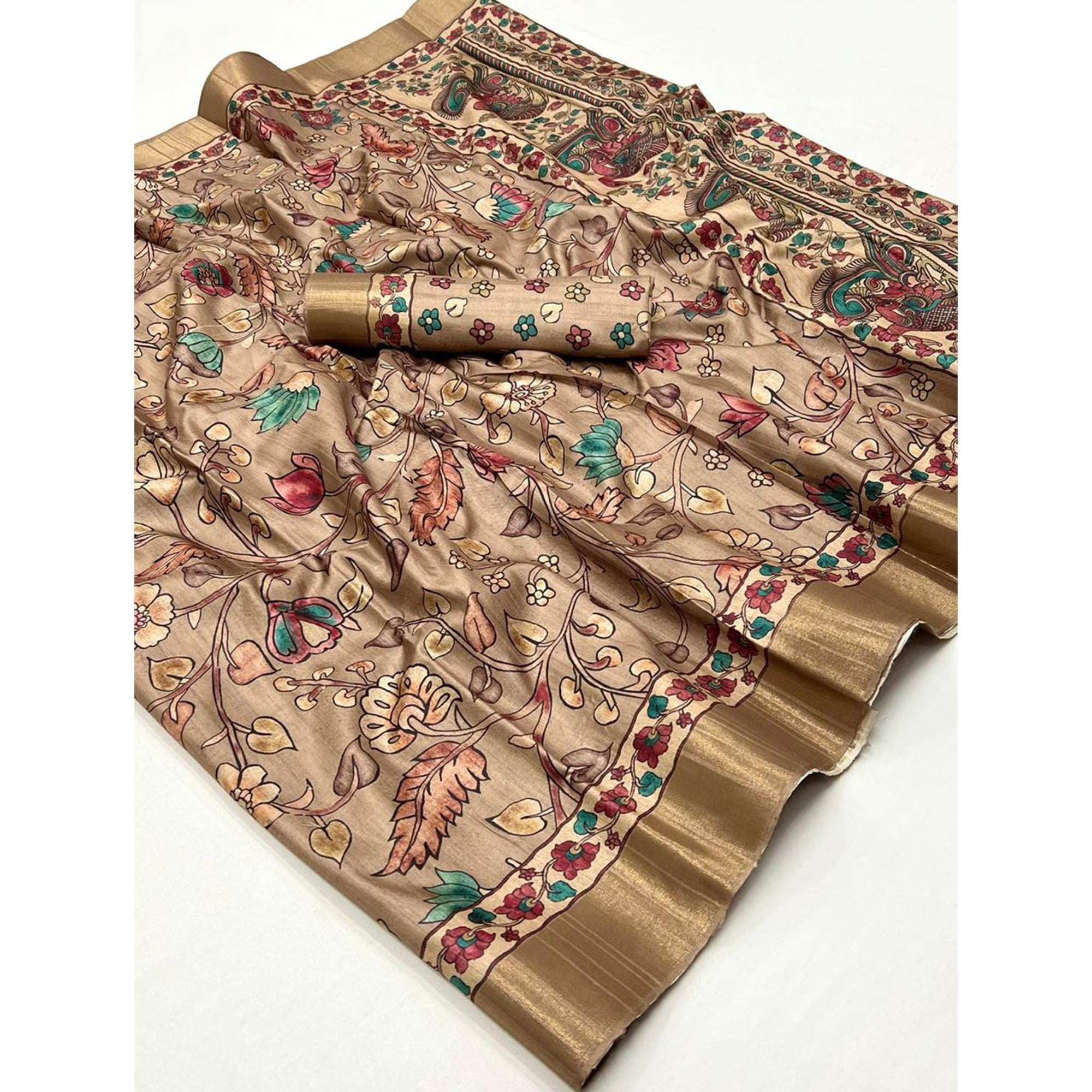 Peachmode Light Brown Floral Digital Printed Tussar Silk Saree - view 3
