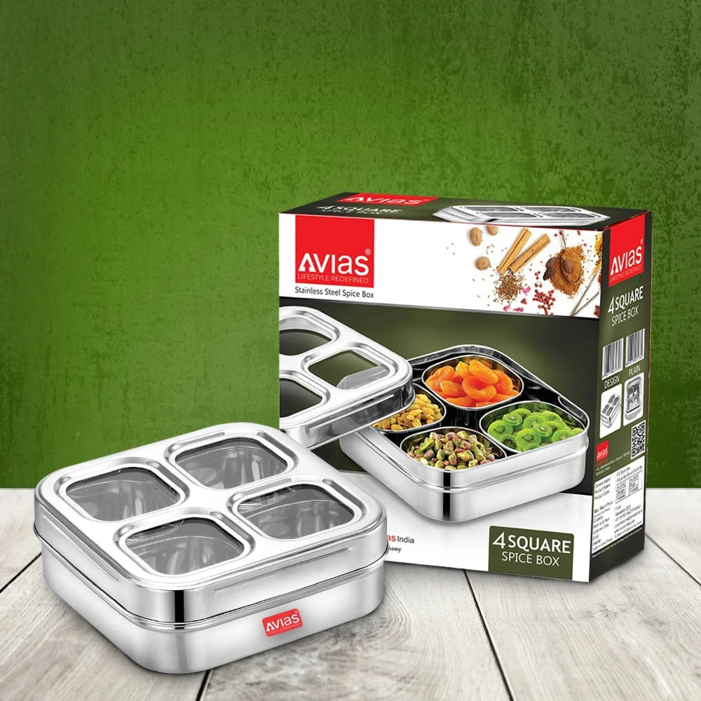 AVIAS Square Stainless Steel Dry Fruit cum Spice box with See-Through Lid | 4 Compartments and 1 Spoon | Silver - view 3