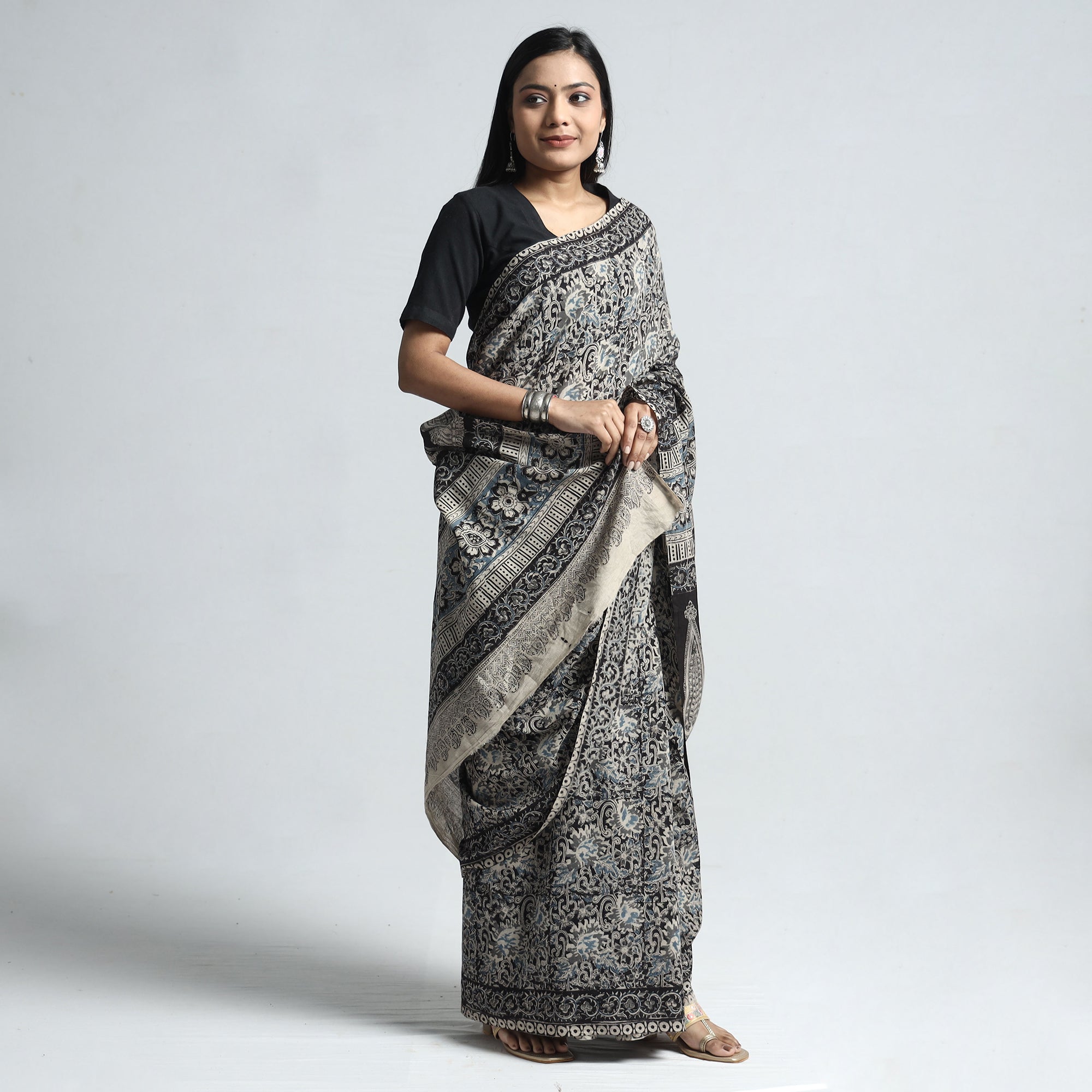 VENKATA BHANU KALAMKARI PEDANA Black - Pedana Block Print Cotton Kalamkari Saree