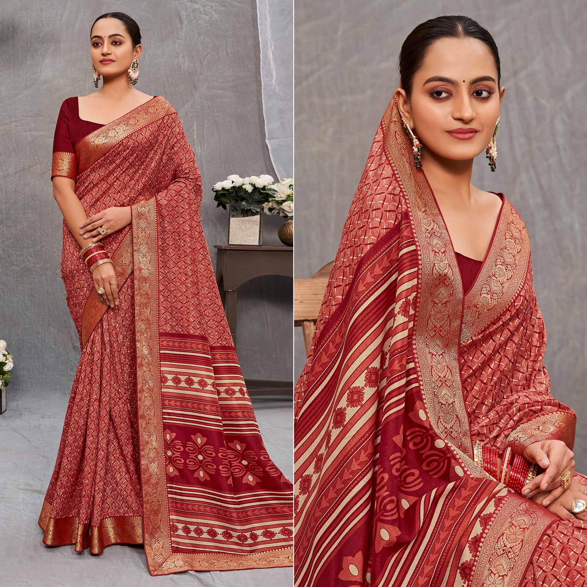 Peachmode Maroon Printed Tussar Silk Saree – Women's