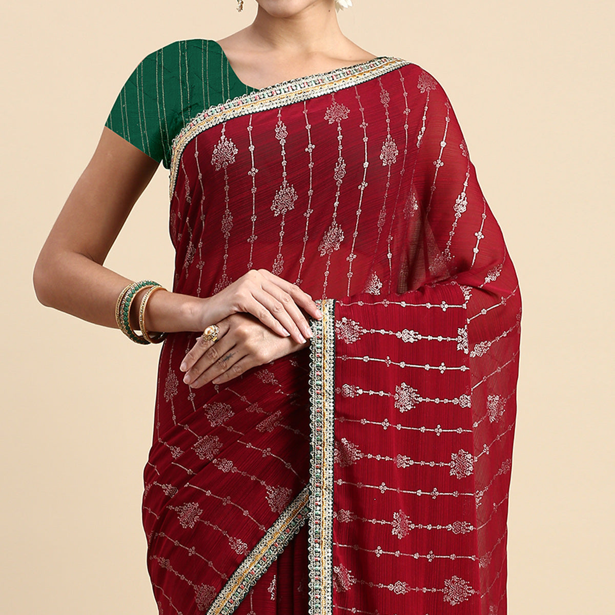 Peachmode Maroon Foil Printed With Fancy Border Zomato Silk Saree - view 3