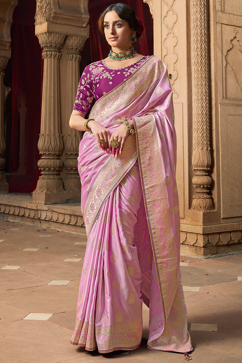 Kira Stunning Baby Pink Banarasi Satin Silk Saree With Energetic Blouse