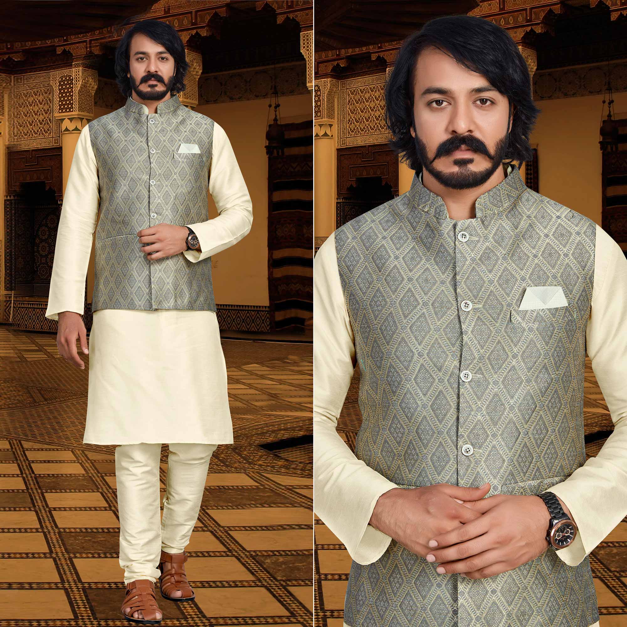 Peachmode Seller Cream Grey Woven Art Silk Kurta Pyjama Set With Jacket