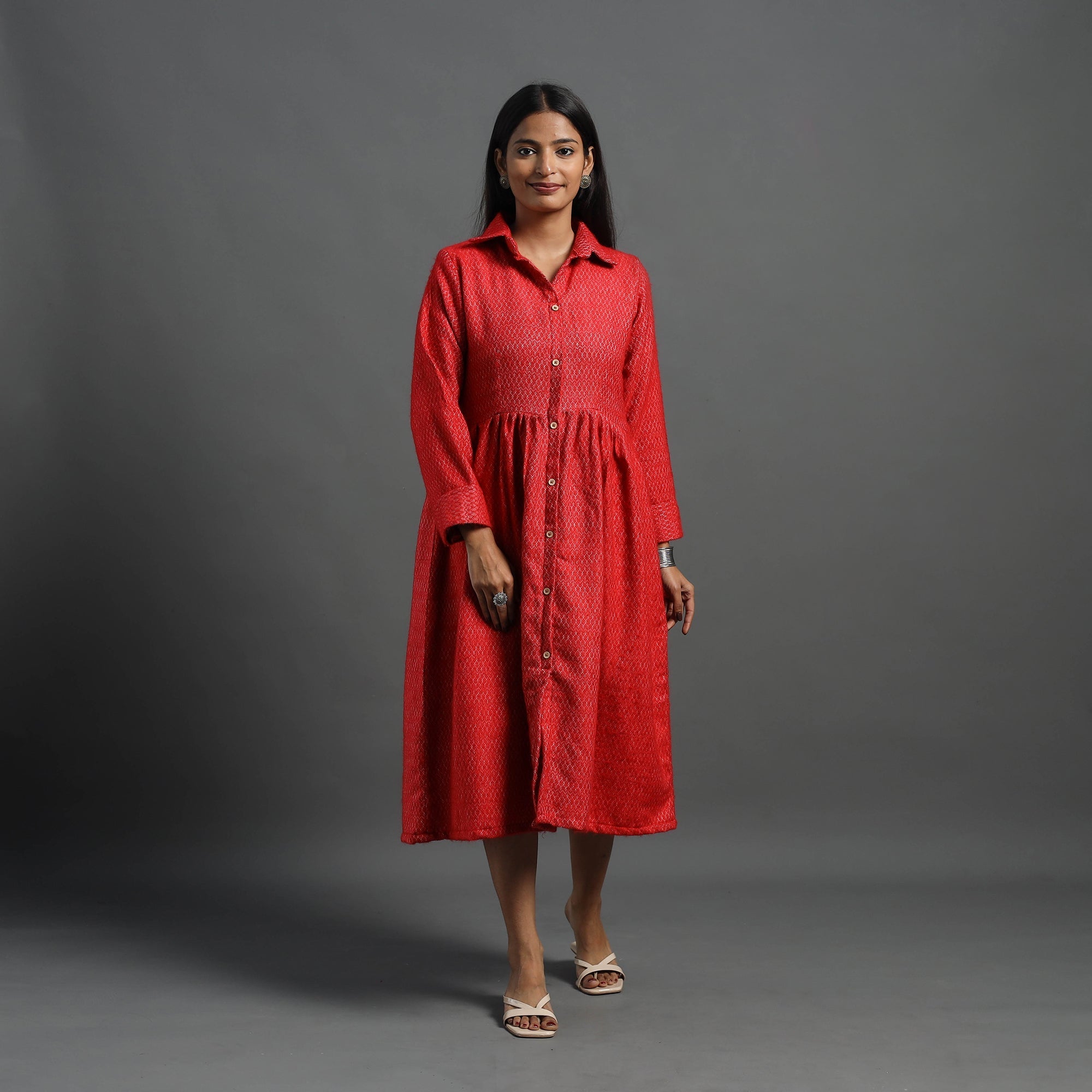 ITOKRI CASUALS Aaisha Red Plain Button Down Woollen Dress 08 - view 2