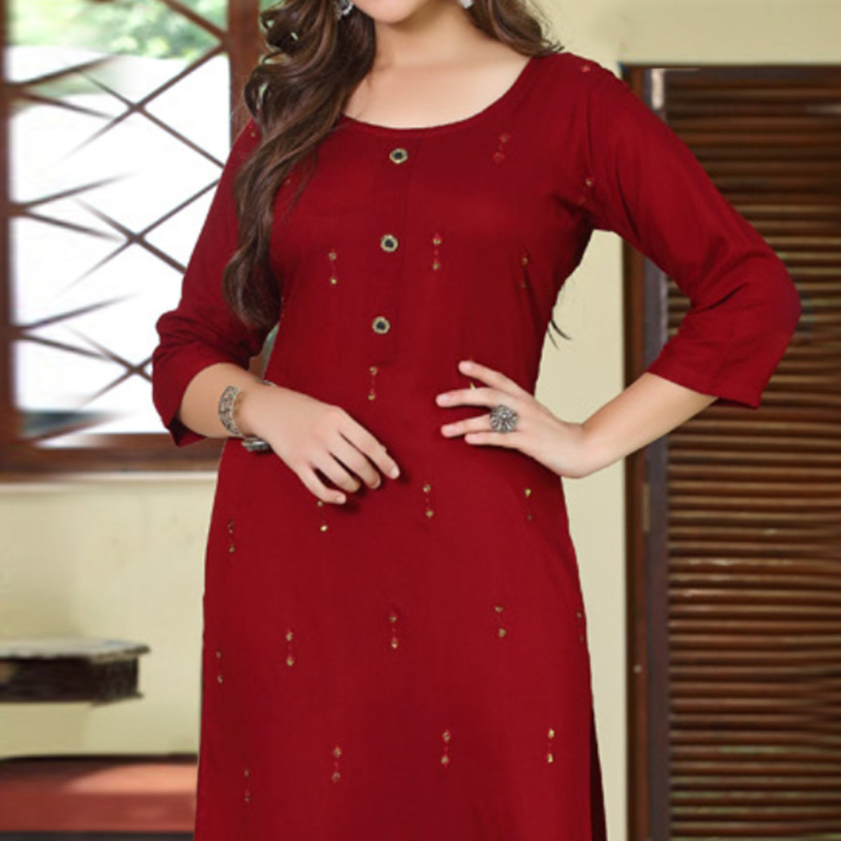 Peachmode Maroon Embroidered Rayon Kurti – Women's - view 3
