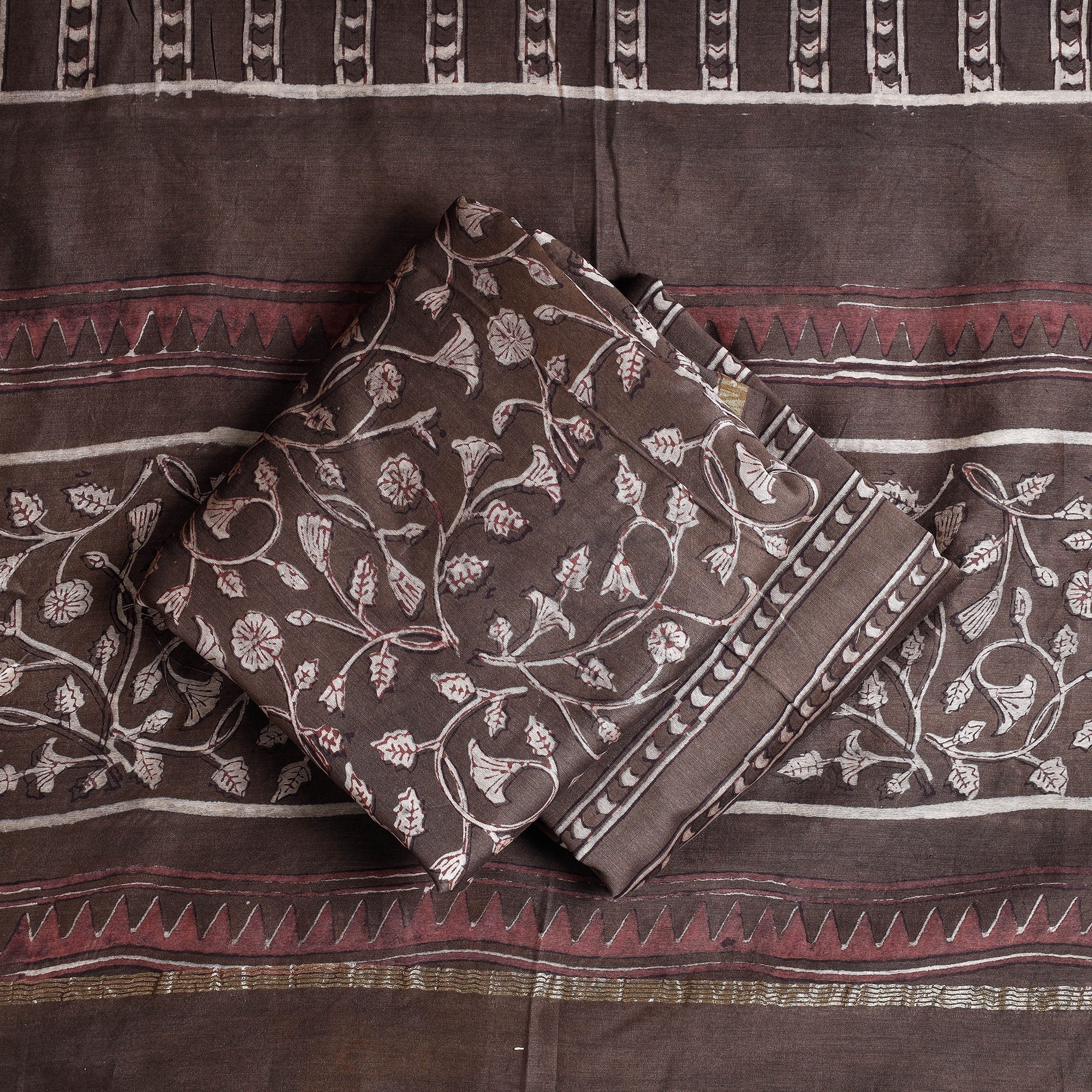 HAVELI CHRONICLES Brown - 3pc Akola Block Printed Chanderi Silk Suit Material Set - view 2