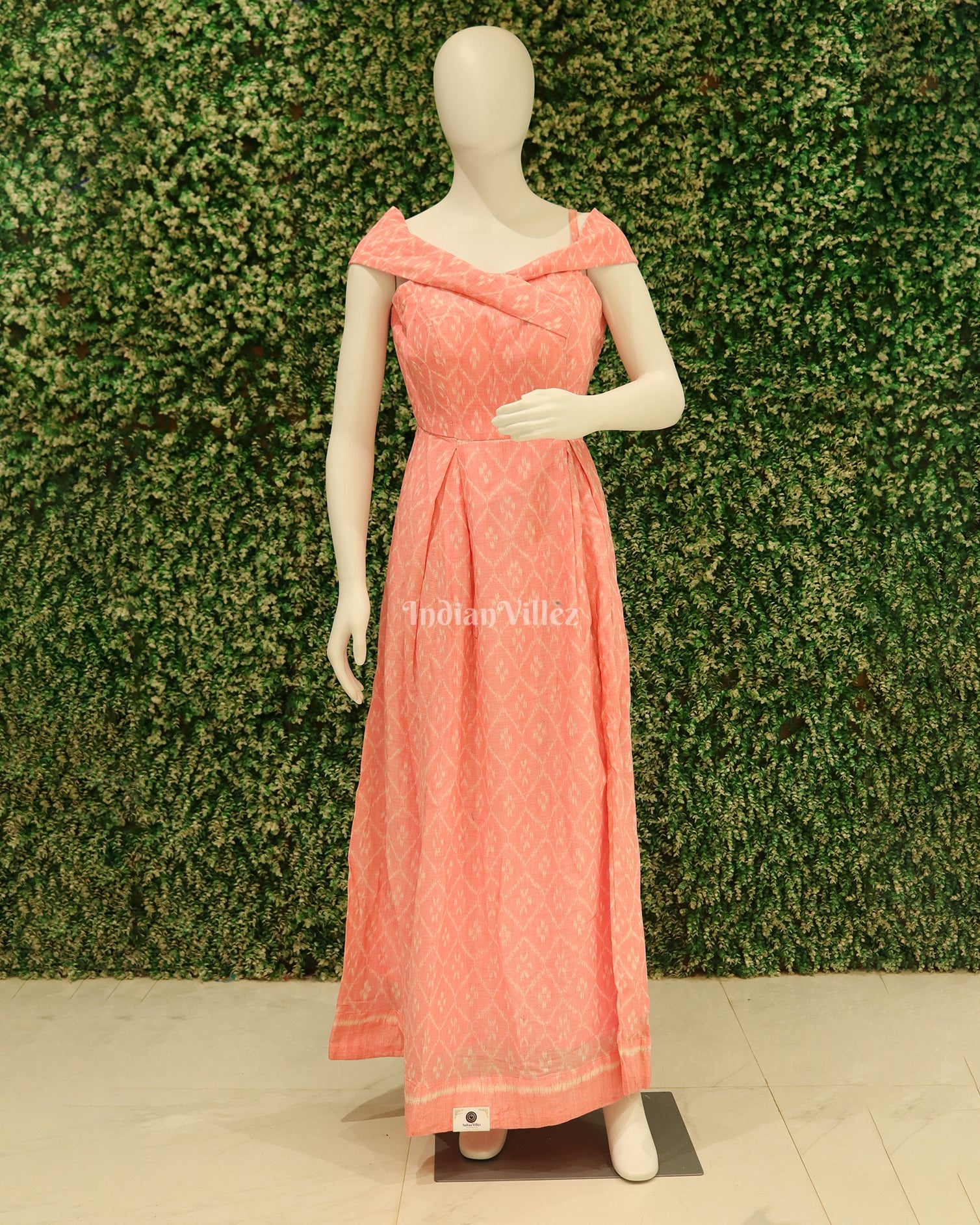 IndianVillèz Light Pink Odisha Ikat Off-Shoulder Gown For Women