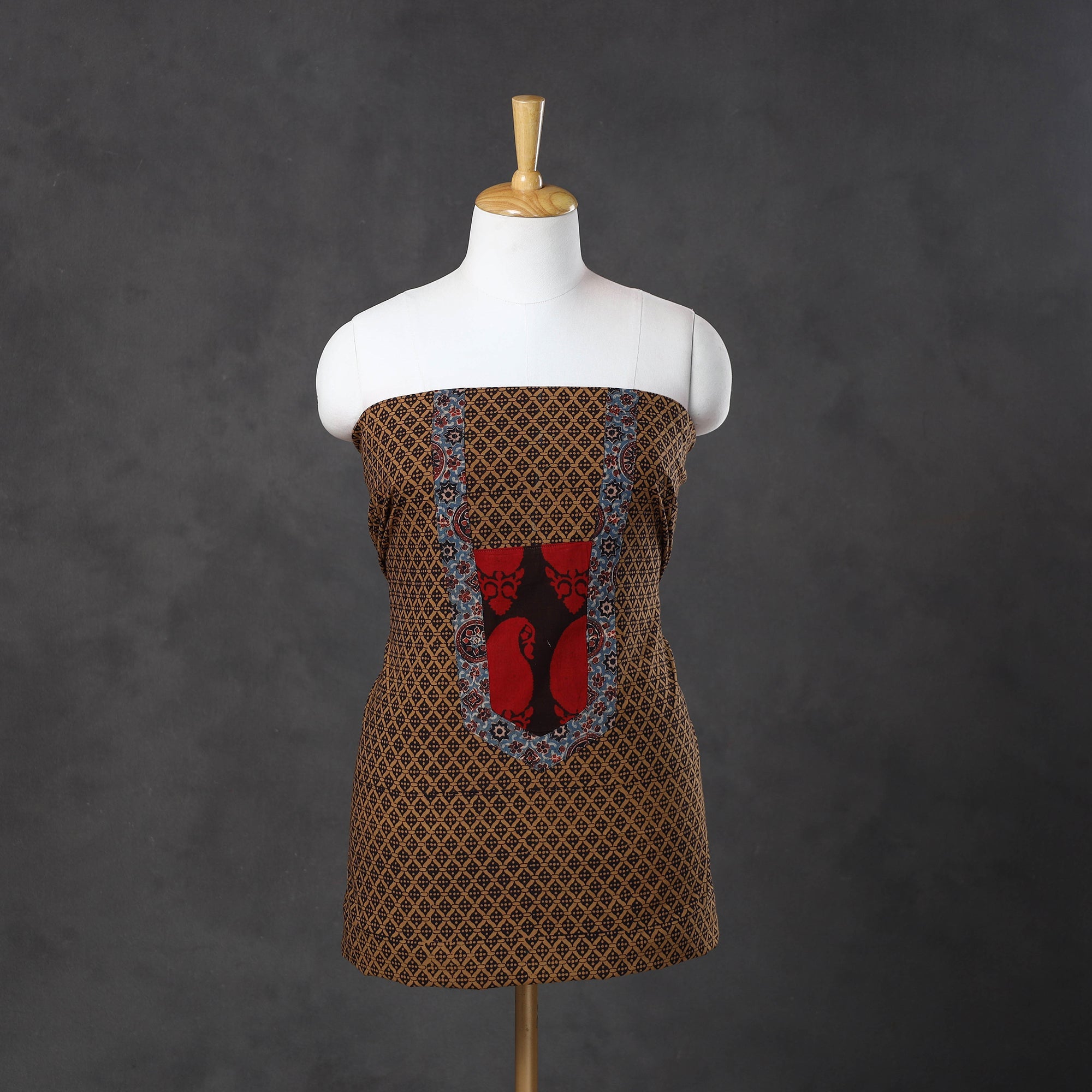NOORI BAZAR Brown - Bagh Print Cotton Kurta Material with Patchwork (3m) 20