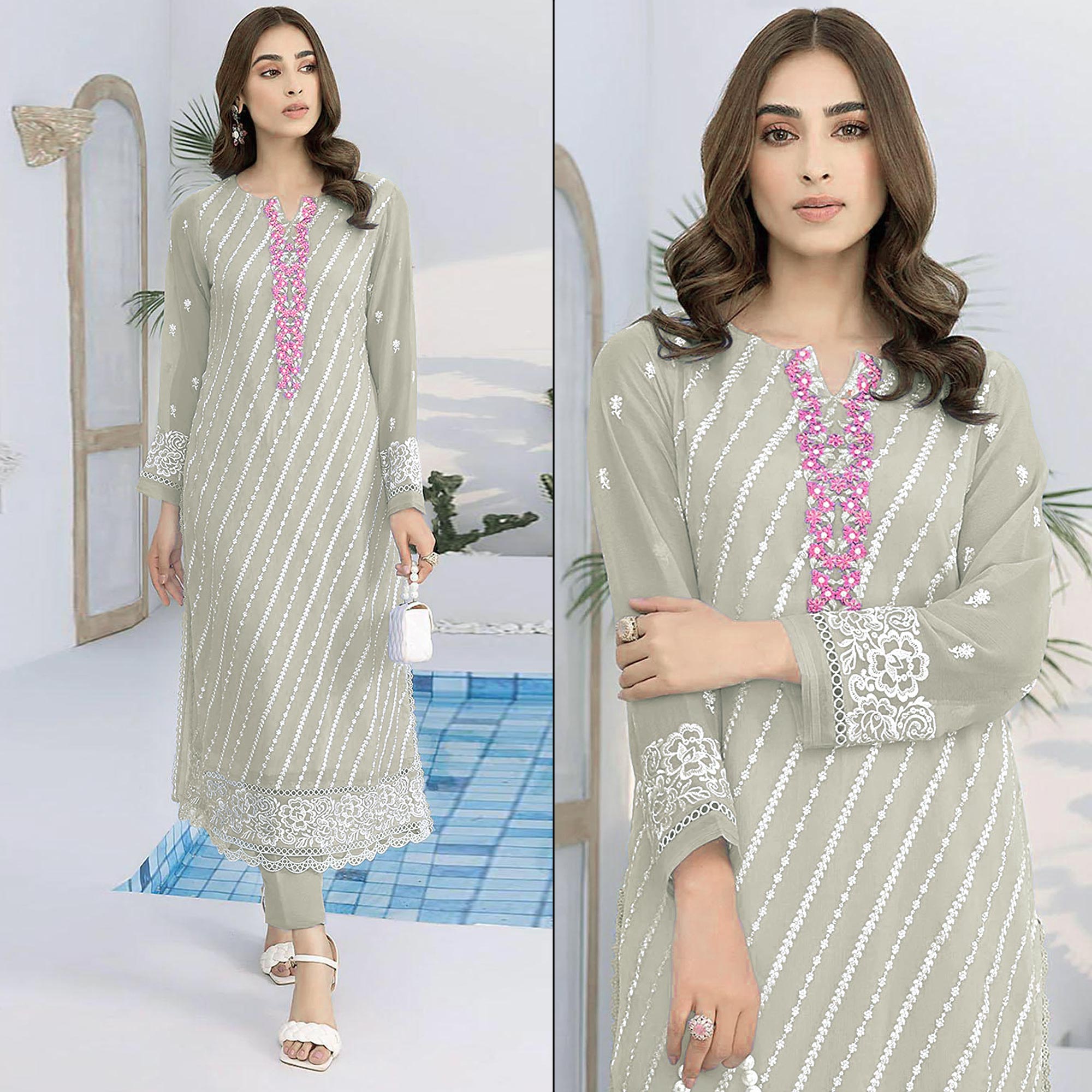 Peachmode Fog Green Floral Embroidered Georgette Semi Stitched Suit